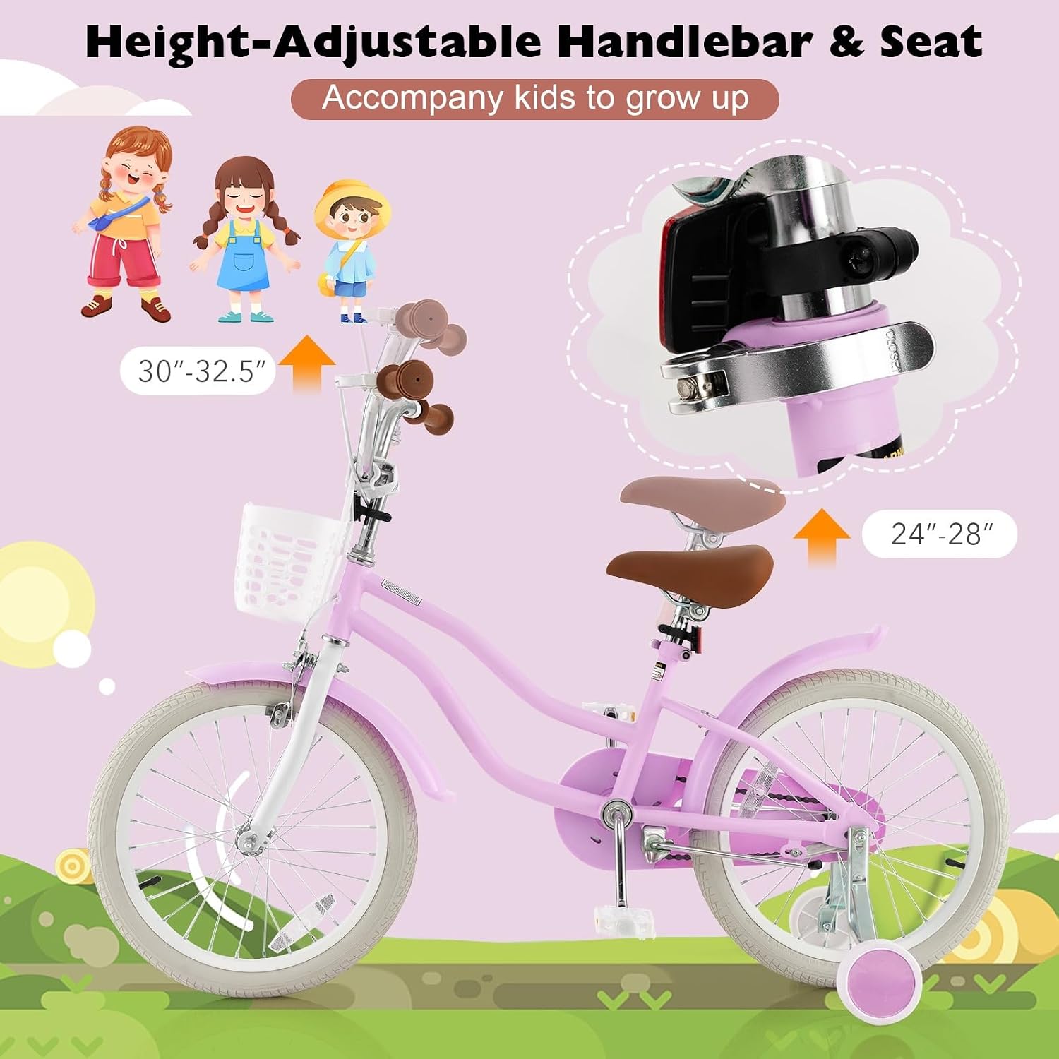 GLACER 12-20 Inch Adjustable Kids Bike, Boys Girls Bike for Age 3-8 Years with Basket, Training Wheels, Handbrake and Coaster Brake, Steel Frame Kids Bicycle
