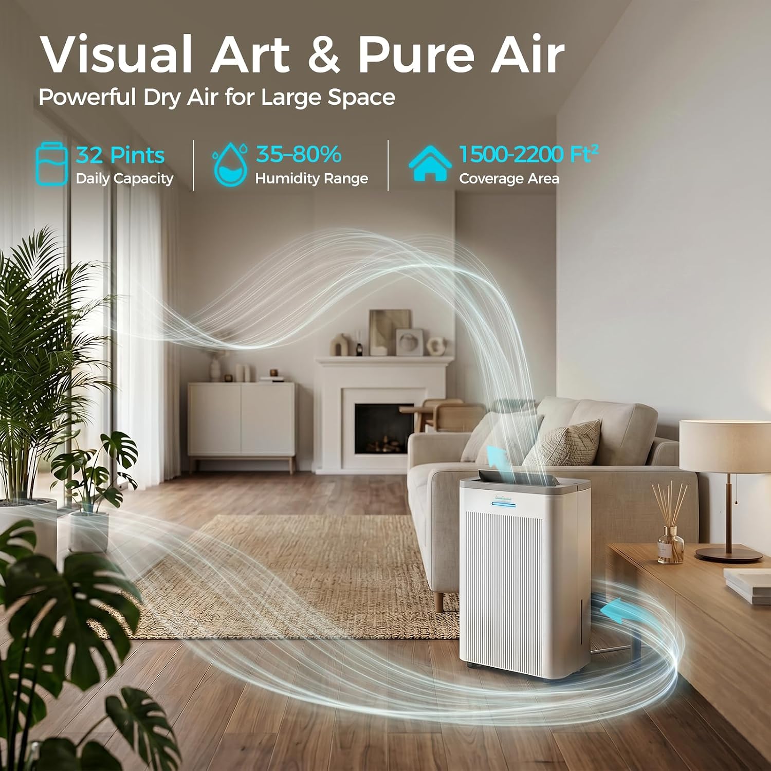 1500 Sq.Ft Dehumidifier, Max 32 Pint Quiet Dehumidifier for Bedroom with HEPA Filter Air Purifiers, Dehumidifiers for Basement with Drain Hose,Home,Bathroom,Auto Defrost,Smart Humidity Control
