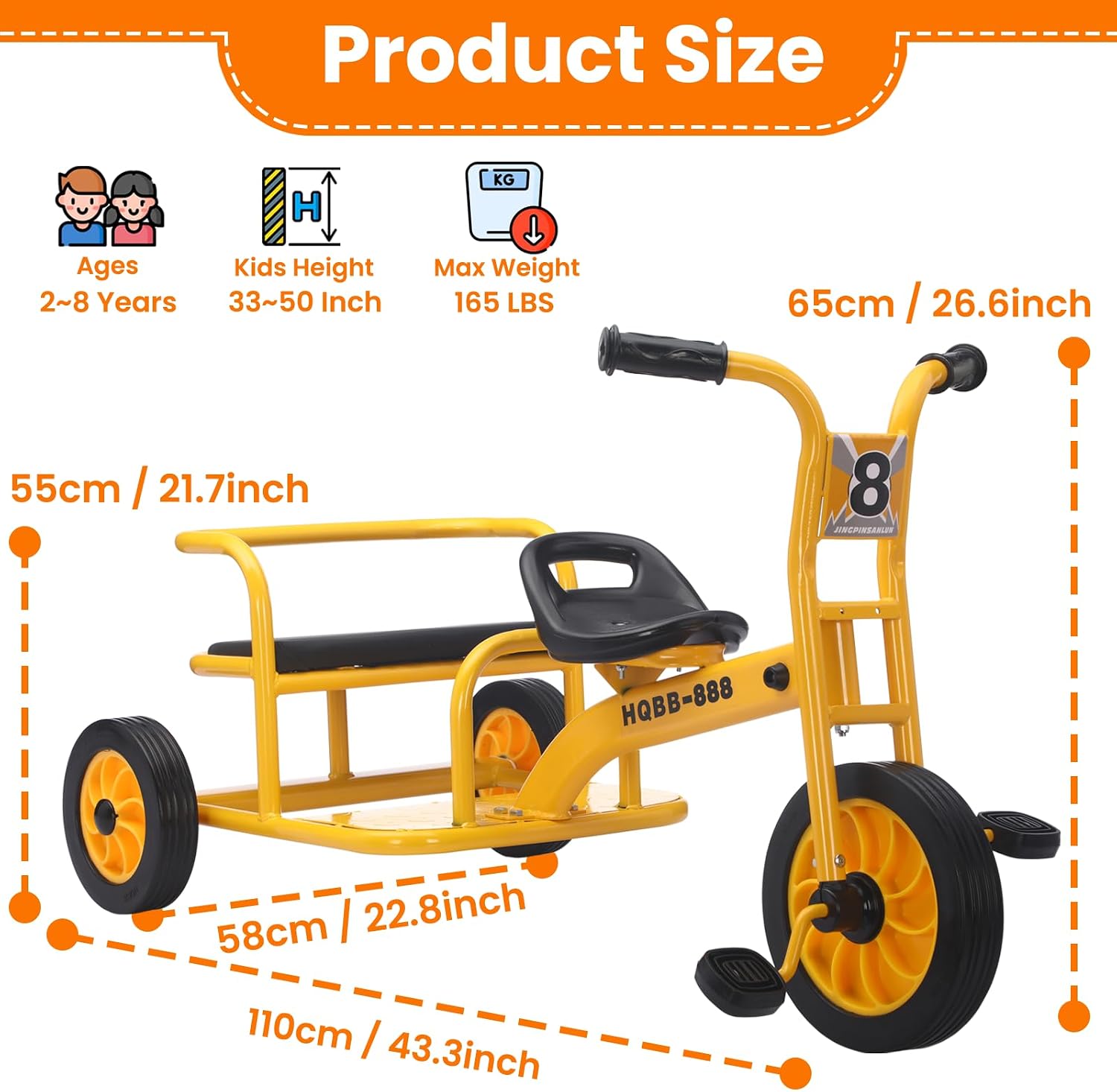 Kids Tricycle for Ages 2-8, Kids Trike Bike with Adjustable Seat, Airless Rubber Tires and Rear Padded Seat, Preschool Daycare Tandem Tricycle, Gift for Boys and Girls