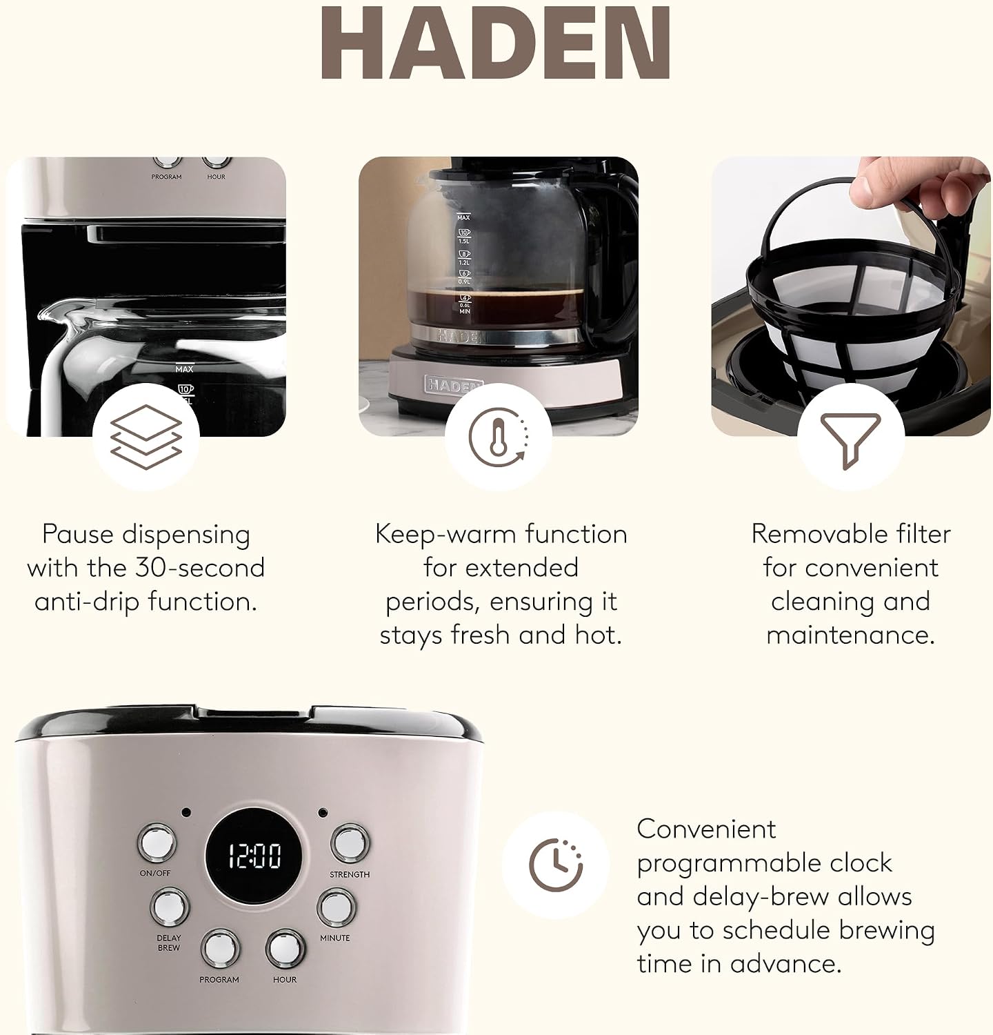 Haden 12 Cup Programmable Drip Coffee Maker Coffee Machine Bundled with Dorset 2 Slice Wide Slot Stainless Steel Toaster, Putty & Chrome