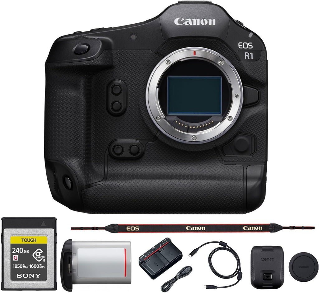 Canon EOS R1 Mirrorless Camera – Flagship RF-Mount Camera with High-Speed Stacked Sensor, AI Autofocus & 8K Video (6577C002) + 240GB Memory Card
