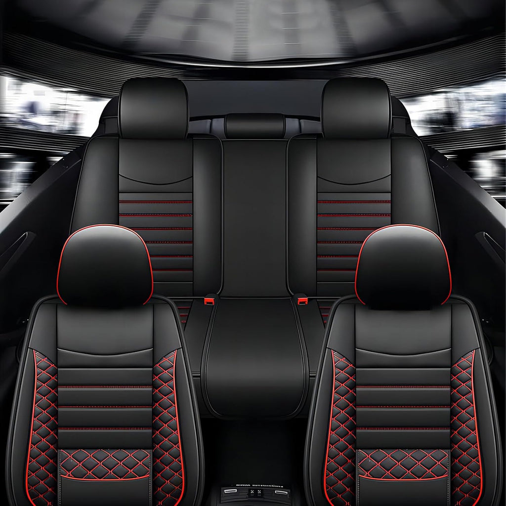 Seat Covers for Jeep Grand Cherokee 2011-2024 2025 2026,Full Set Luxury Leather Car Seat Cover Waterproof 5 Seat Protectors,Breathable Vehicle Seat Cover Airbag Compatible Cushion(Red Black)
