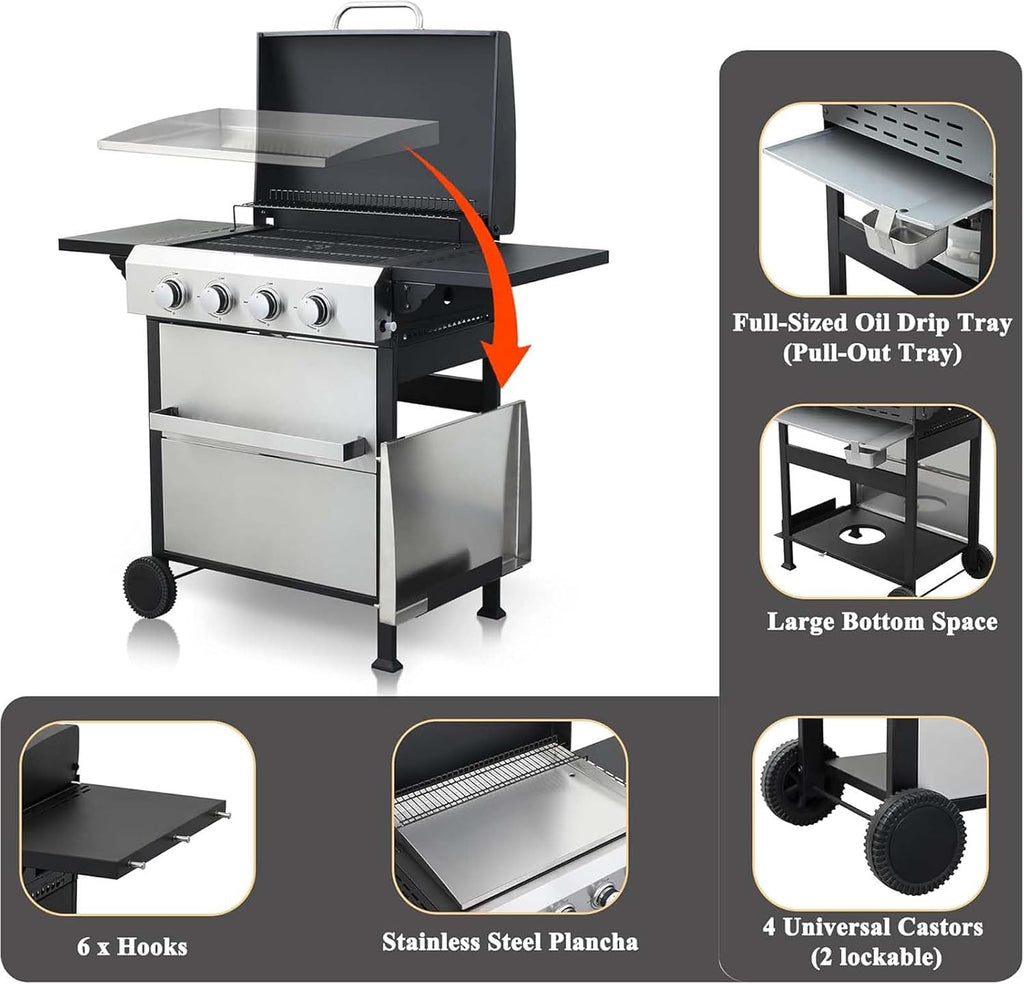 4-Burner Propane Gas BBQ Grill with Wire Enamel Cooking Grids&Plancha, 49,200 BTU Output Stainless Steel Grill with Foldable Side Table & Hanging Basket for Outdoor Backyard Barbecue