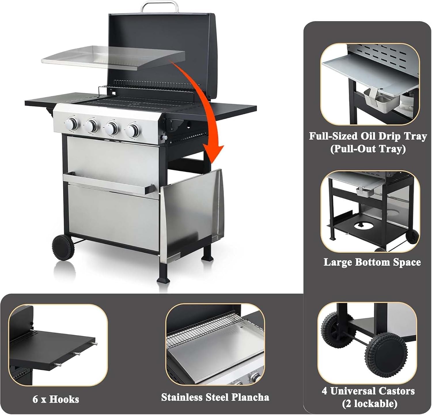 4-Burner Propane Gas BBQ Grill with Wire Enamel Cooking Grids&Plancha, 49,200 BTU Output Stainless Steel Grill with Foldable Side Table & Hanging Basket for Outdoor Backyard Barbecue
