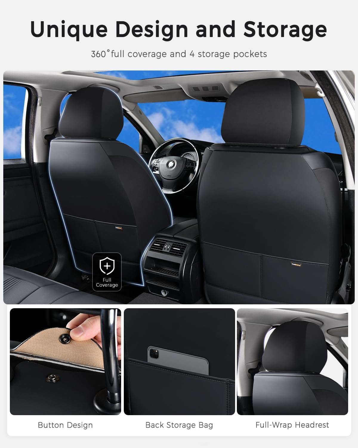 Huidasource Black Front Seat Cover, Nappa Leather Front Car Seat Cover with Lumbar Support, Ventilation Holes, Elastic Fabric, Airbag, Full-Coverage Seat Covers, Fit for Most Cars SUV Trucks, Black