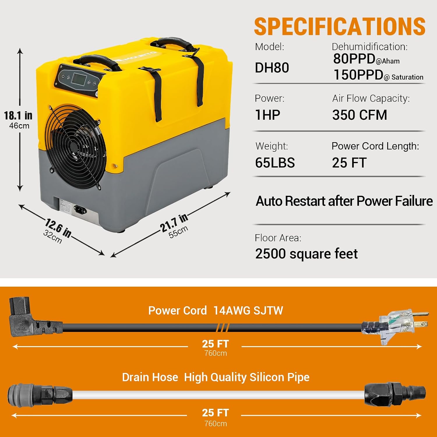 Mounto 150 Pints Compact Commercial Dehumidifier, LGR Technology, Built-in Pump, ETL Certified, Ideal for Large Spaces, Water Damage Restoration, Industrial Use (Yellow)