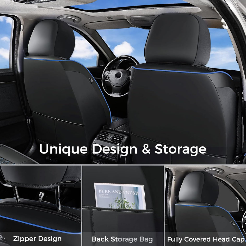 Huidasource Car Seat Covers Front Seats, Leather Front Seat Covers, Truck Seat Covers Universal Fit Front Seat, Airbag Compatible, for Most Cars, Vans, Trucks, SUVs(Front Pair/Black&Blue)