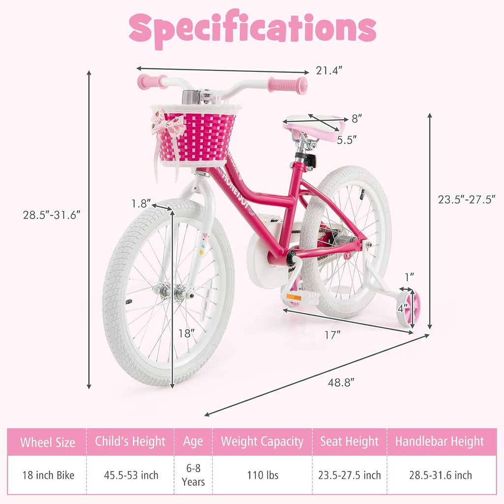 HONEY JOY Kids Bike, 14 16 18 Inch Girls Bike for Toddlers w/Training Wheels, Handbrake & Coaster Brake, Steel Frame, Fully Enclosed Chain, Little Princess Style Children Bicycle, Gift for Girls 3-8