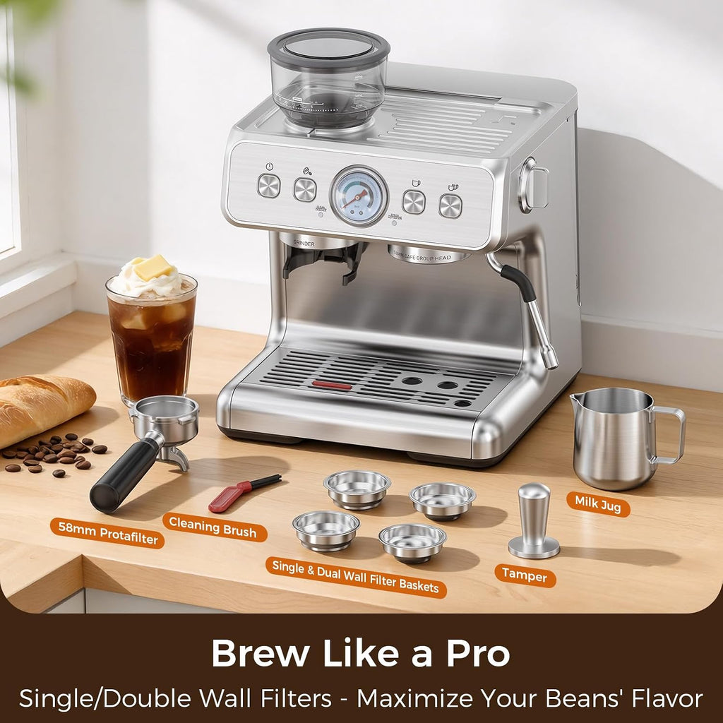 Electactic 15 Bar Espresso Machine with Grinder & Milk Frother, 58mm Expresso Coffee machines, Stainless Steel Coffee Maker for Cappuccino and Latte, Perfect for Home and Café Use-Dual Boiler