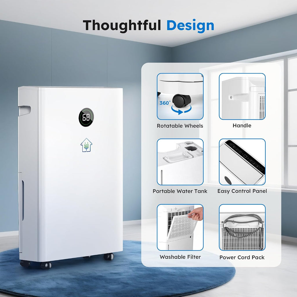6,500 Sq. Ft Smart Dehumidifier for Basement With Drain Hose, 60 Pints Dehumidifiers for Home, Auto Defrost, Ideal for Large Room, Bathrooms & Bedrooms (White)