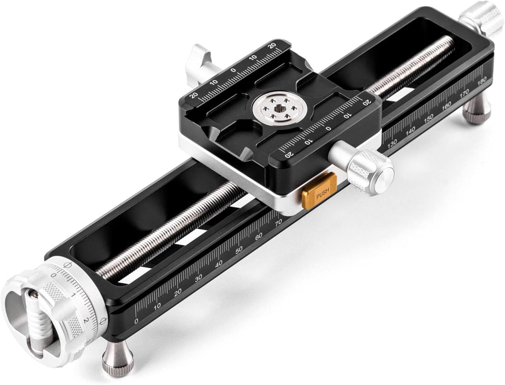 NiSi - NM-200S Macro Focusing Rail, Precision Focus Slider for Macro Photography , Universal Tripod Mounting, 360-Degree Rotating Clamp with Quick-Release Plate, Detachable Feet, Arca-Swiss Compatible