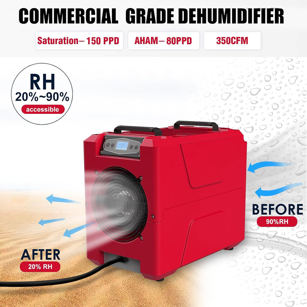Mounto 150 Pints Compact Commercial Dehumidifier, LGR Technology, Built-in Pump, ETL Certified, Ideal for Large Spaces, Water Damage Restoration, Industrial Use (Red)