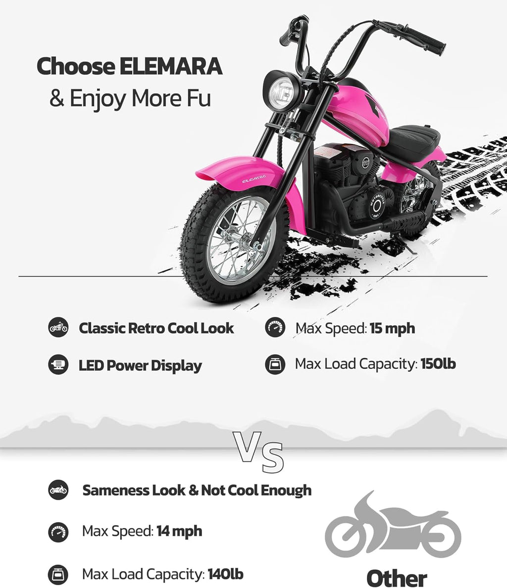 ELEMARA Electric Dirt Bike, 15 mph & 150lb Max, 24V Ride on Toy for Big Kids w/LED Lights & Power Display,Chain-Driven Motor,Twist-Grip Throttle, Shock Springs,Handbrake,12' Air-Filled Tires-Pink