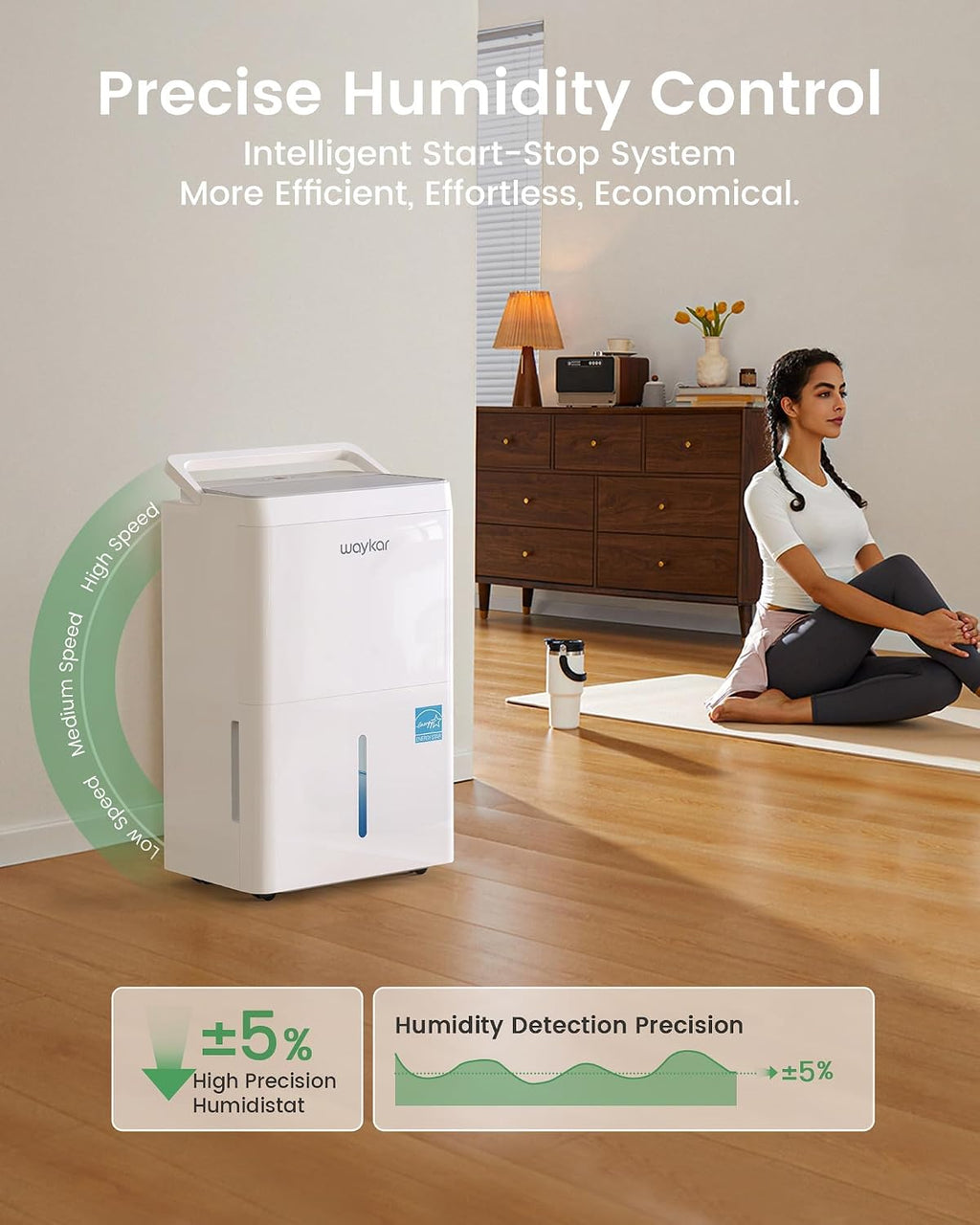 Waykar 5500 Sq.Ft Energy Star Dehumidifier for Home, Basement, Bedroom, Bathroom, Max 80 Pint/D(Standard 63 Pint/D) with Drain Hose&Water Tank, Ultra Quiet(40 dB), Intelligent Humidity Adjustment