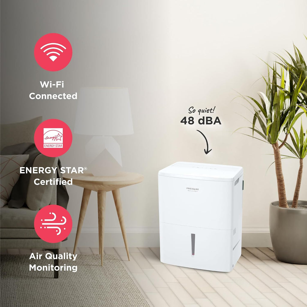 Frigidaire Gallery 2-in-1 50-Pint Portable Dehumidifier with Wi-Fi, Air Quality Monitoring for Medium/Large Rooms & Basements, Custom Humidity Control, Auto Shut Off, White