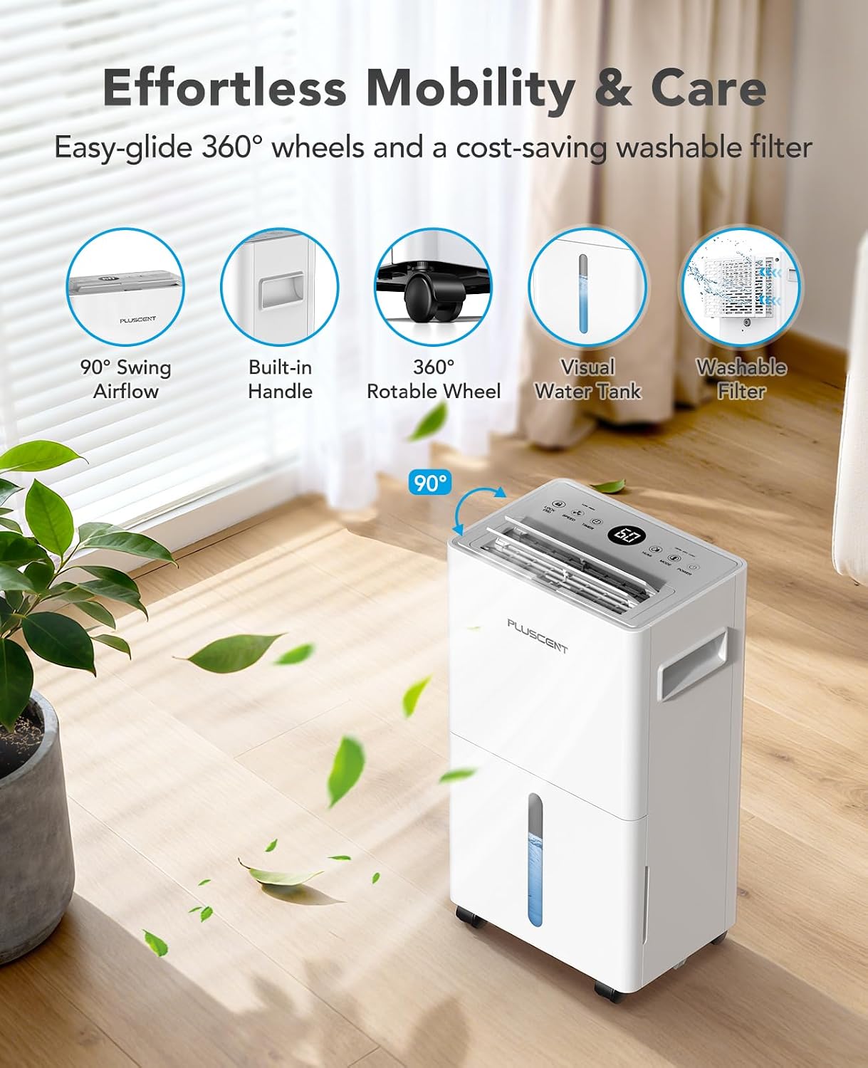 PLUSCENT 21 Pint Dehumidifier for Basement and Home, 1500 Sq Ft Portable Dehumidifier with Drain Hose, Quiet Smart Humidity Control for RV, Bedroom & Bathroom, Auto Defrost, 24H Timer