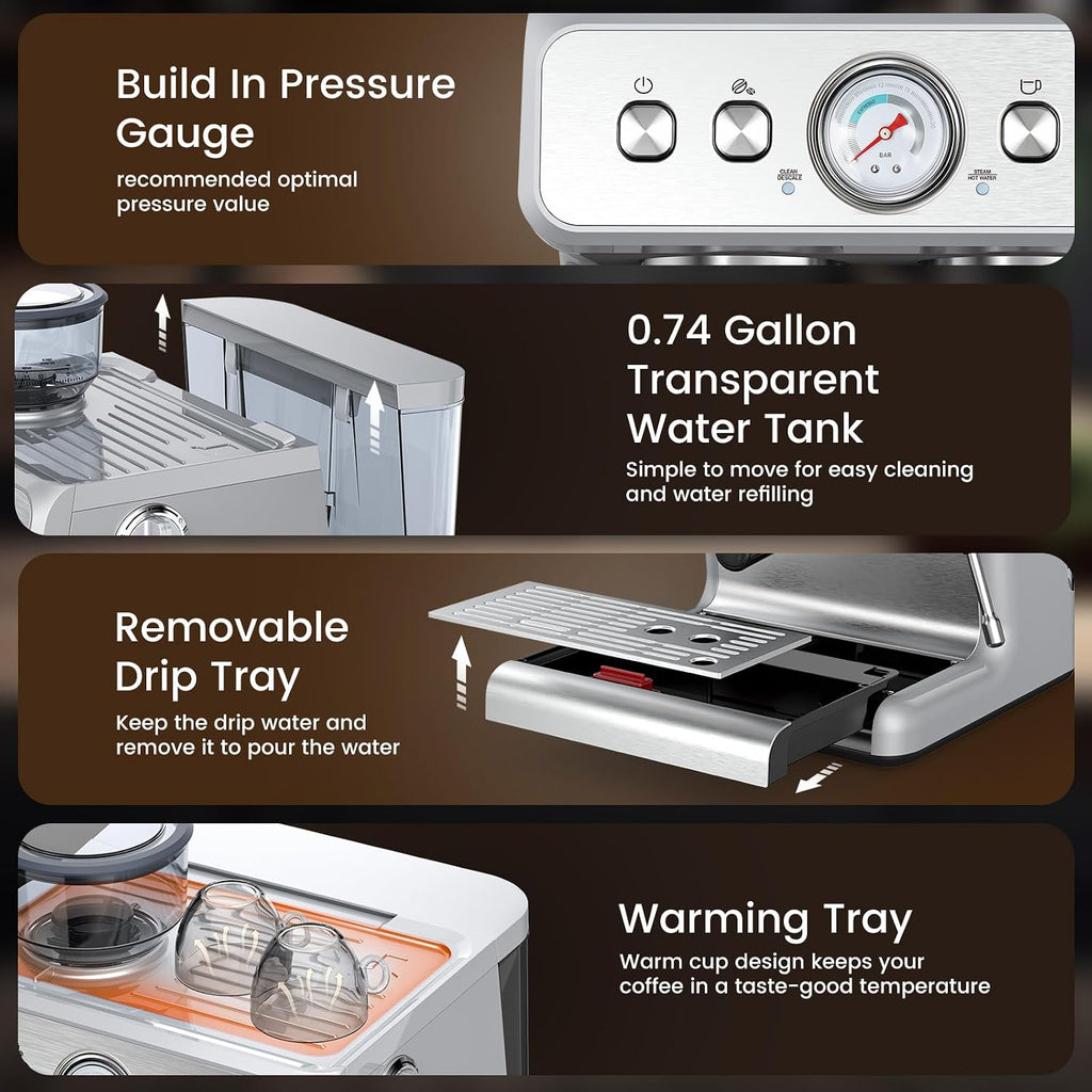 Electactic Espresso Machine with Built-in Grinder, Professional 20 Bar Cappuccino & Latte Machines with Milk Frother, 3-in-1 Stainless Steel Espresso Coffee Maker for Home, Office or Cafe
