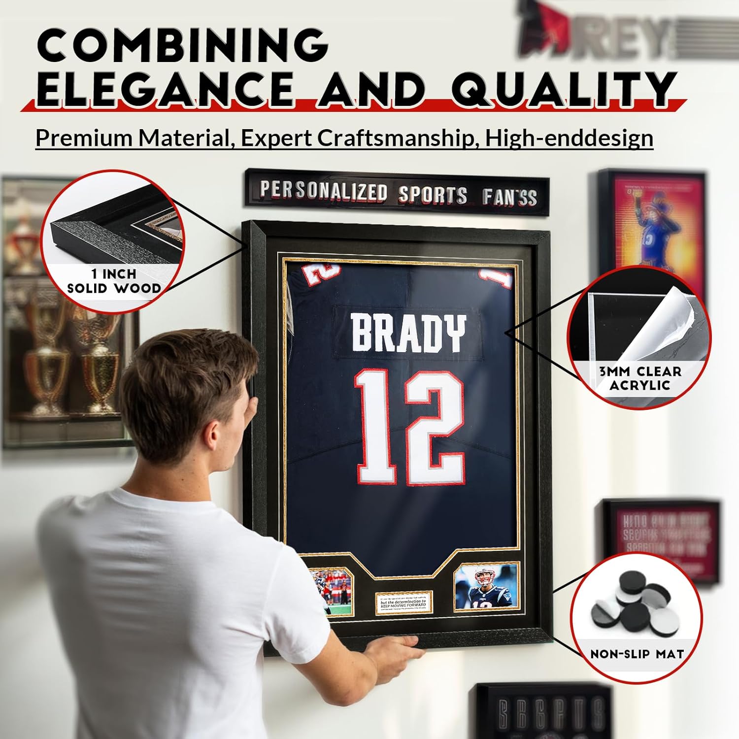 JupDec Jersey Frame Display Case 3 Pack, Large Clear Acrylic Shadow Box with UV Protection for Basketball Baseball Football Soccer Hockey Shirt, Wall Mount Wooden Showcase, Idea Gift for Sports Fans