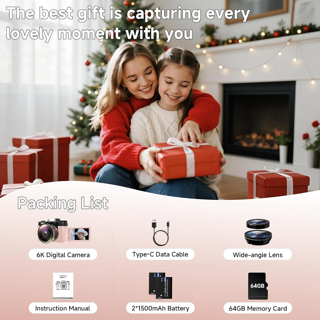 6K Digital Camera for Photography Autofocus, 64MP WiFi Vlogging Camera for YouTube with 3' 180° Flip Screen 16X Zoom, 64GB SD Card & 2 Batteries Pink Compact Travel Camera for Beginners Teens