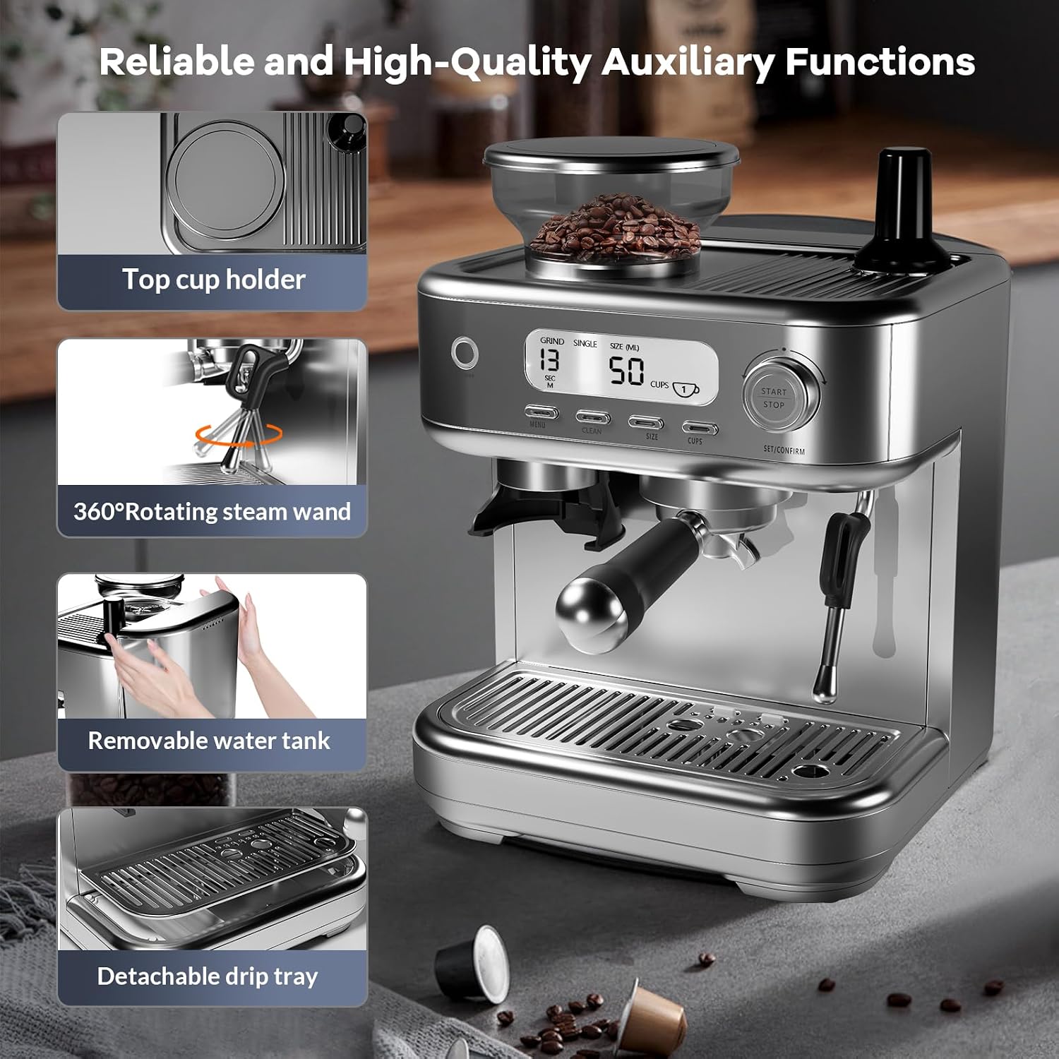 Semi-Automatic Espresso Machine, Dual Boiler 20 Bar Coffee Maker With Grinder 30 Size Setting, Expresso Coffee Machines With Steam Wand for Cappuccino Latte, 95 Oz Removable Water Tank