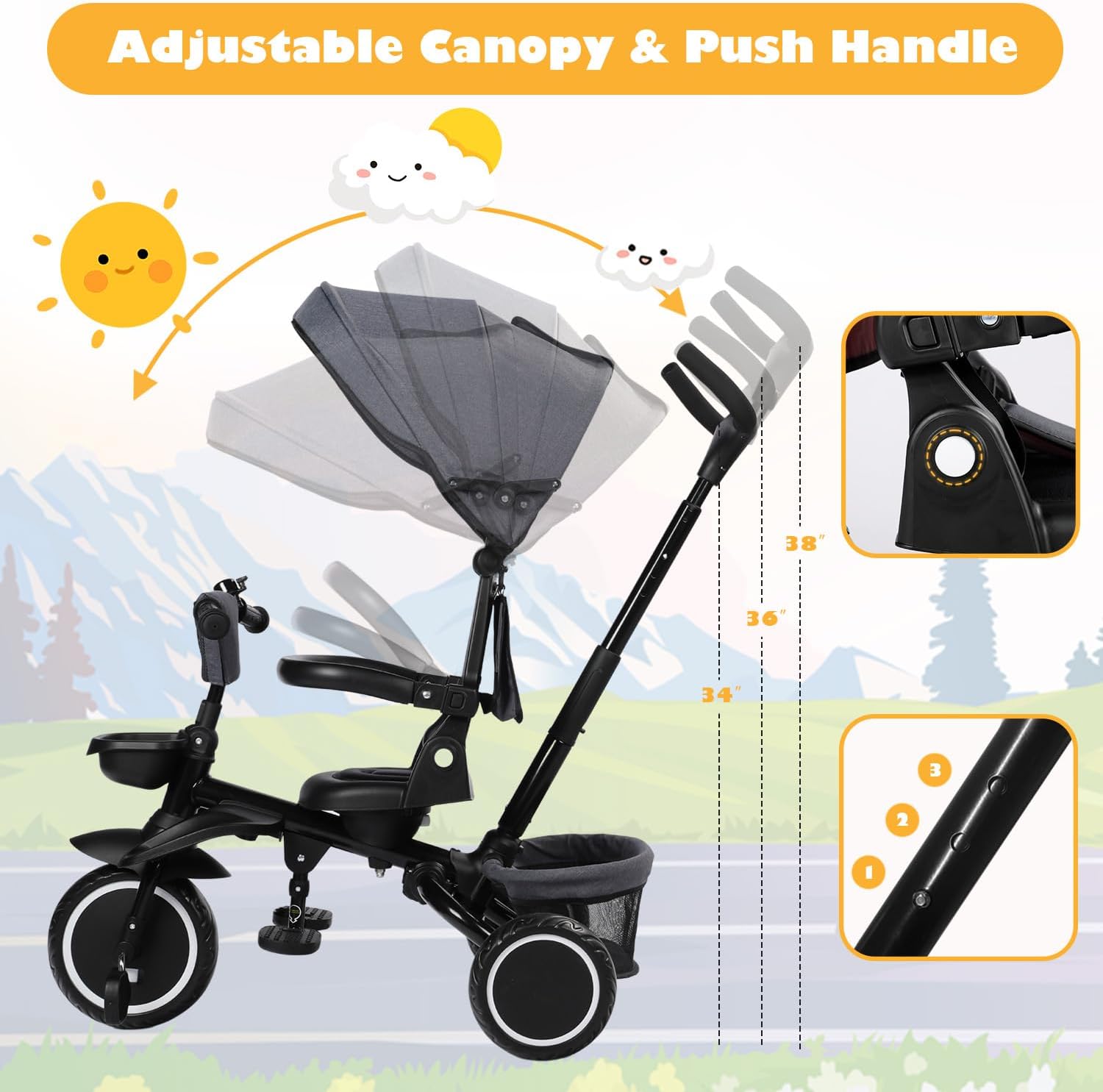 TODEFULL Folding Kids Tricycle, 8 in 1 Toddler Trike W/Removable & Adjustable Canopy, Parent Handle, 5-Piont Harness, Toddler Bike Tricycle for Kids 1-6 Years, EVA Wheels, Storage Basket, Grey
