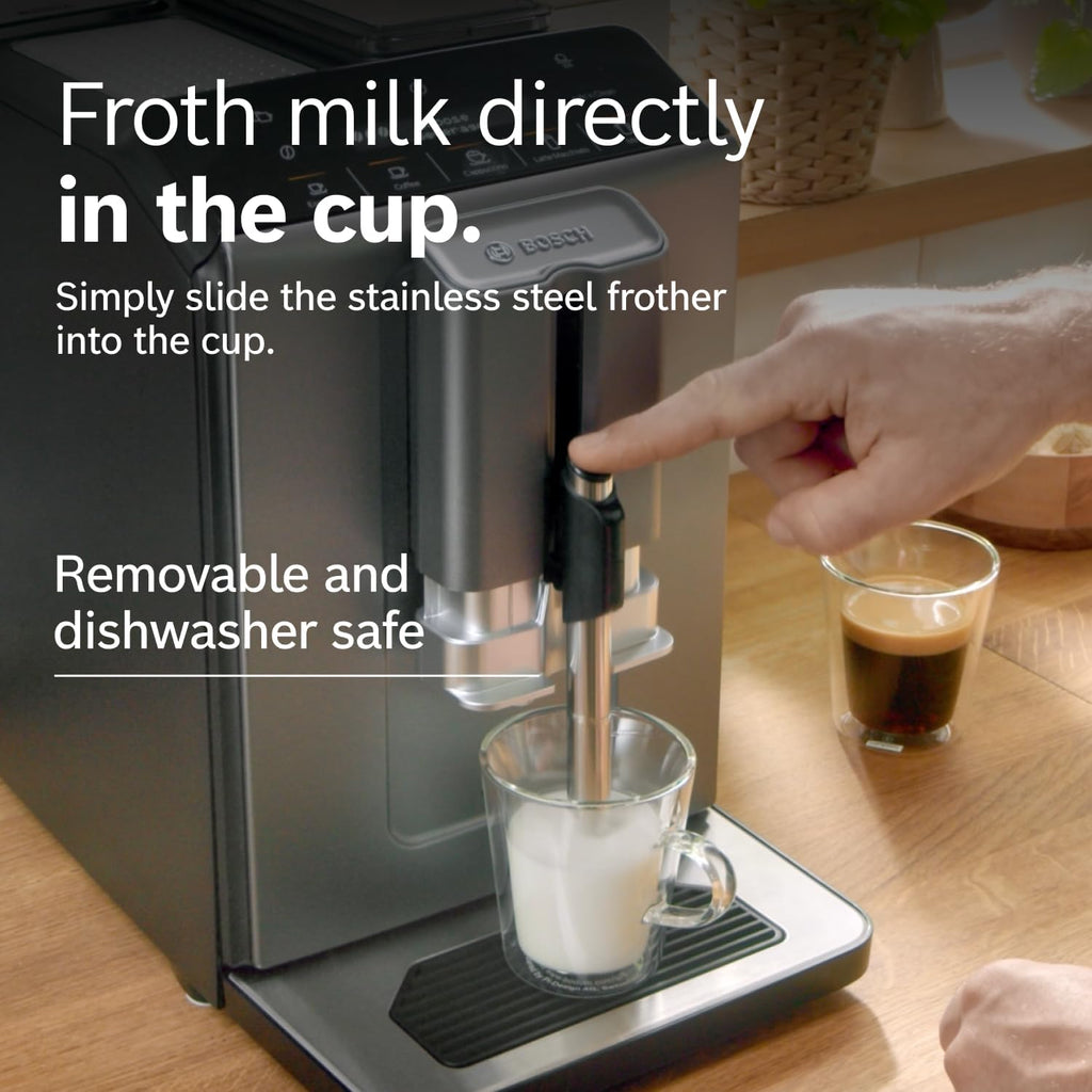 Bosch Fully Automatic Coffee and Espresso Machine - One-Touch Drinks, Barista Style, Double Cup Super Coffee Maker - Large Bean Capacity - Easy Clean, Maintenance - Silver- TIU20307