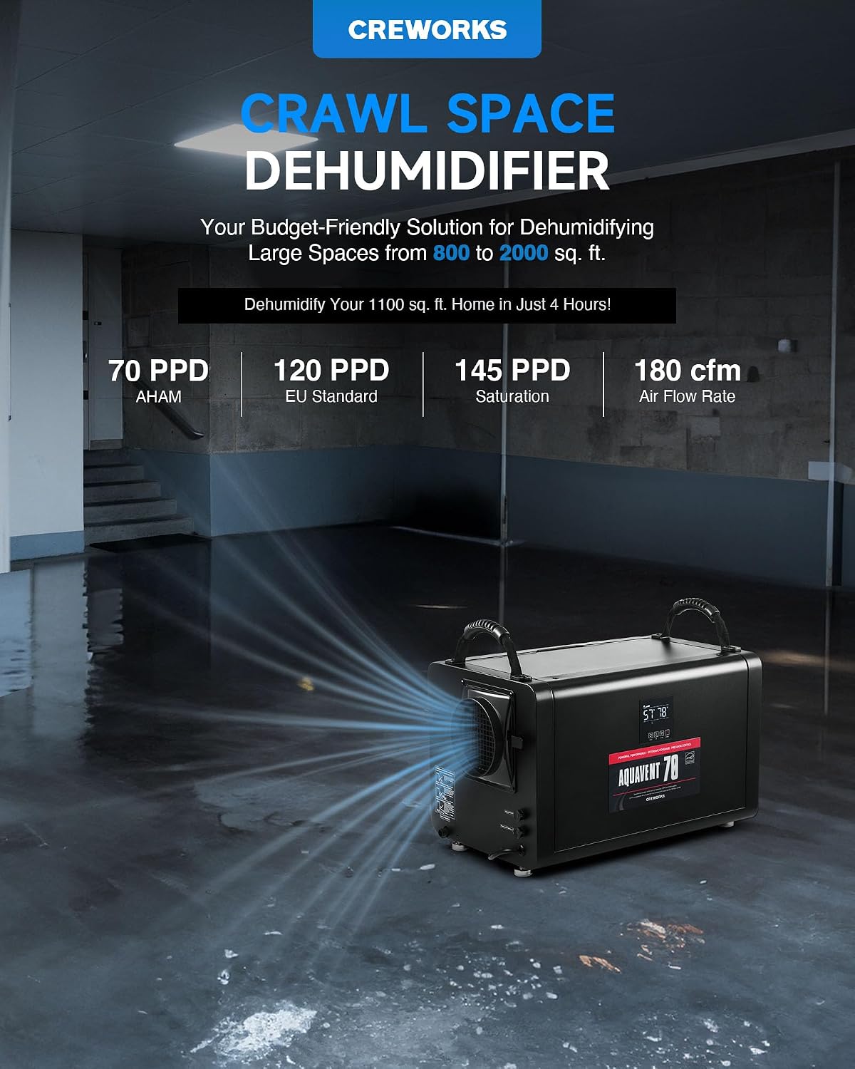 CREWORKS 145 PPD Crawl Space Dehumidifier, Commercial Dehumidifier for Basement with Built-in Hose, Professional Crawl Space Dehumidification with Auto Defrost & Detachable Display