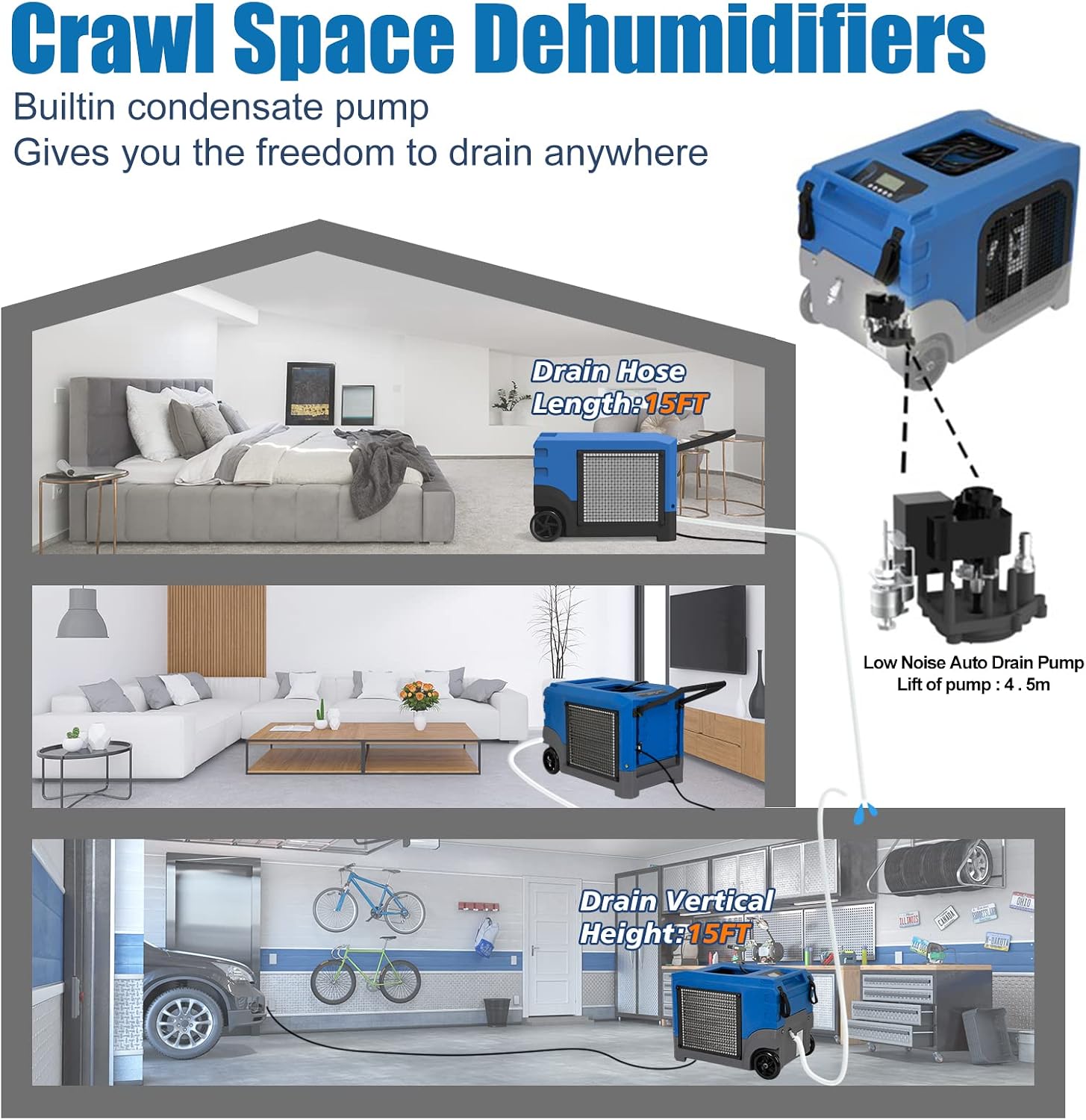 Mounto MOUNTO 268Pints LGR Commercial Compact Dehumidifier with Pump and Drain Hose, LGR Portable Dehumidifier with wheels for Home, Basements, Garages, and Job Sites (Blue)