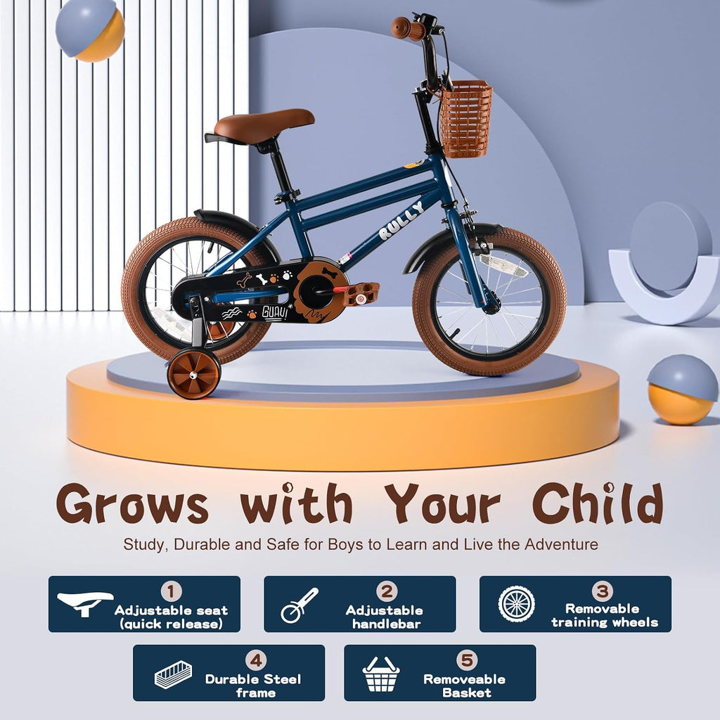 RULLY 12 14 16 Inch Boys' Bike for Kids Ages 2-6, Toddler Bicycle with Training Wheels, Coaster Brake & Handbrake, and Front Basket(Blue Black Green)