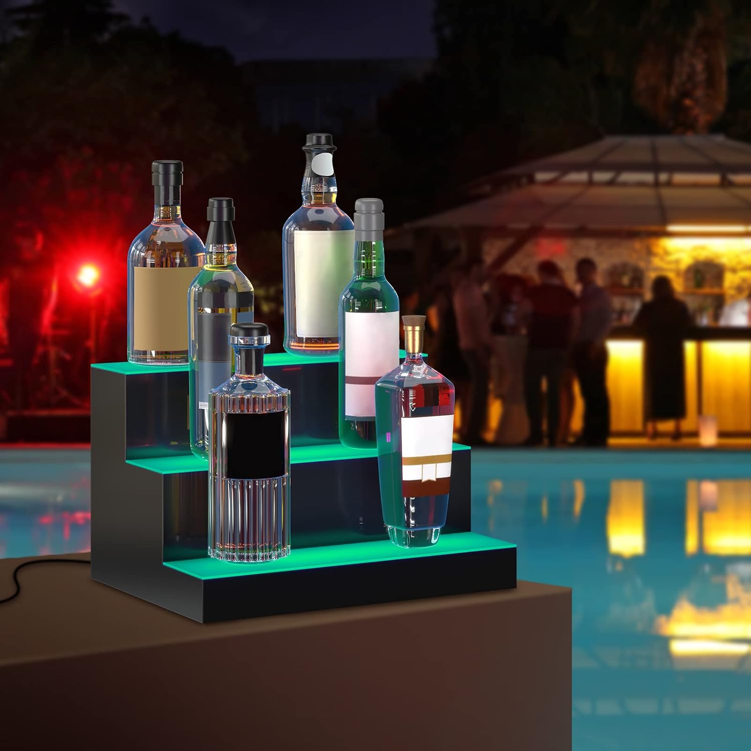 VEVOR LED Lighted Liquor Bottle Display, 3 Tiers 16 Inches, Supports USB, Illuminated Home Bar Shelf with RF Remote & App Control 7 Static Colors 1-4 H Timing, Acrylic Lighted Shelf for 12 Bottles