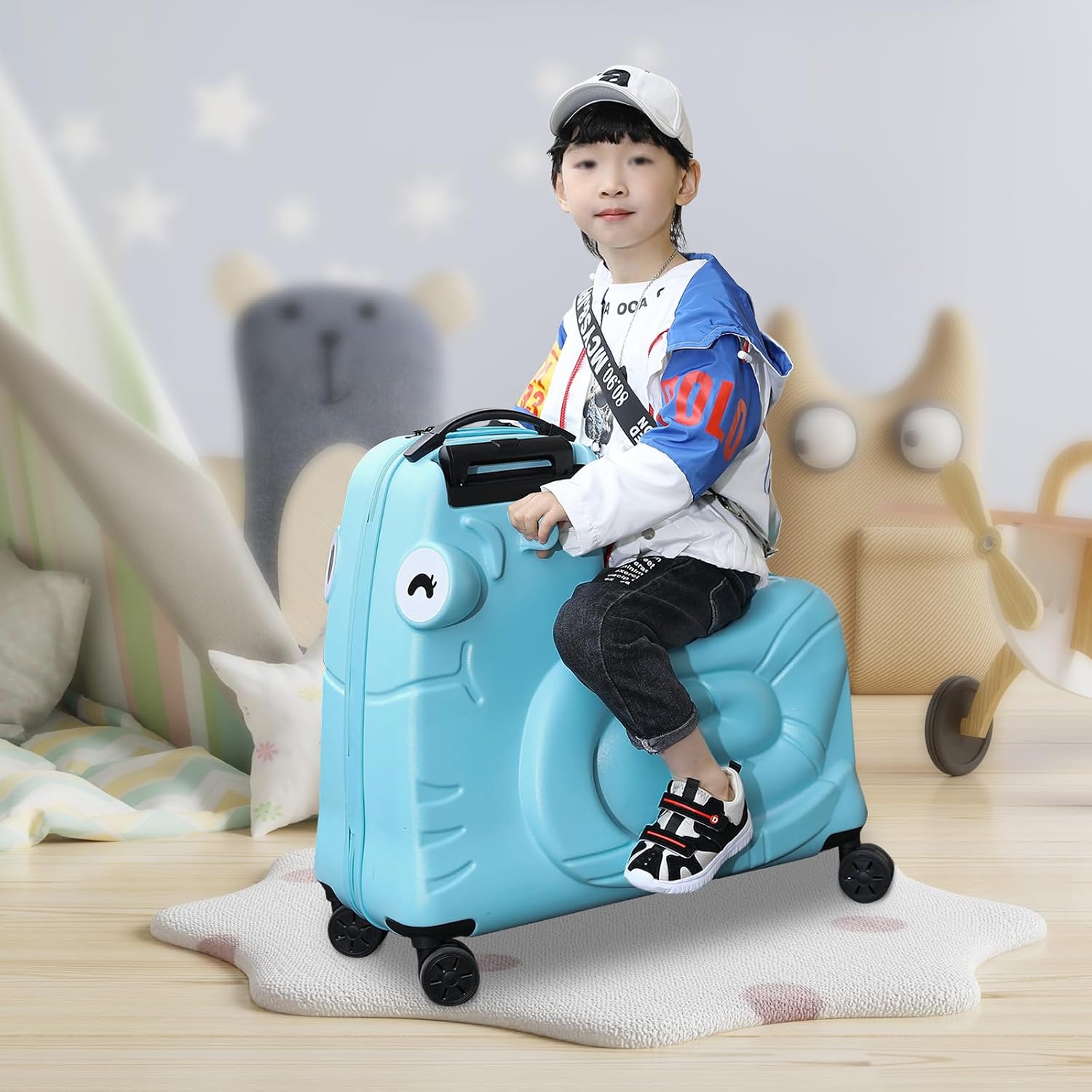 Blue 20-Inch Kids Ride-On Luggage with Spinner Wheels, Sit-On Carry-On Trolley Suitcase, Toddler Travel Trunk with Password Lock, Lightweight Cabin Case for Boys Girls, Under-Seat Size, Ride Box
