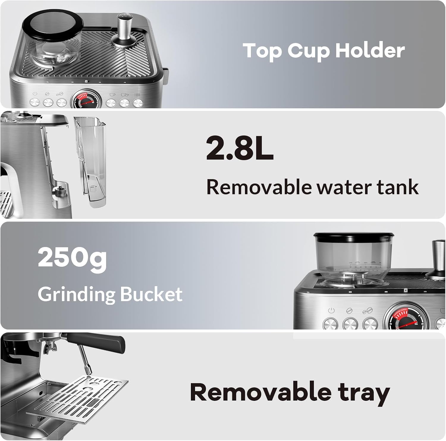 20 Bar Espresso Machine with Grinder & Milk Frother, Coffee Machine with 96Oz Removable Water Tank, Professional Espresso Maker for Home Café, Stainless Steel Coffee Maker for Cappuccino, Latte