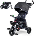 RIDYEE 7-in-1 Folding Toddler Tricycle for 18 Months to 5 Years, Tricycle Stroller with Dual Brakes, All-Terrian Rubber Tire, Tricycle for Toddlers with Rotatable Seat, Adjustable Push Handle, Grey