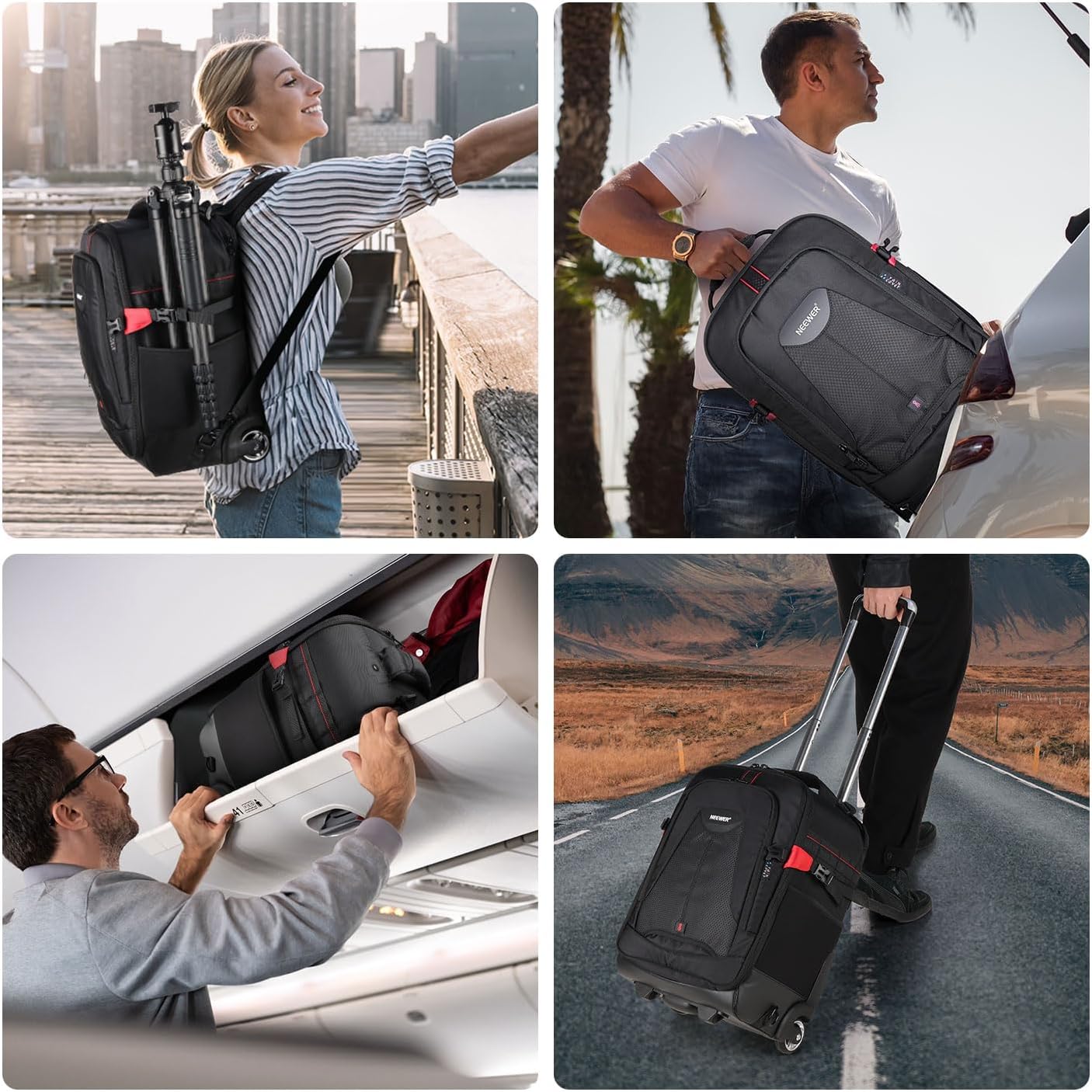 Neewer 2-in-1 Rolling Camera Backpack Trolley Case - Anti-Shock Detachable Padded Compartment, Hidden Pull Bar, Durable, Waterproof for Camera,Tripod,Flash Light,Lens,Laptop for Air Travelling(Black)
