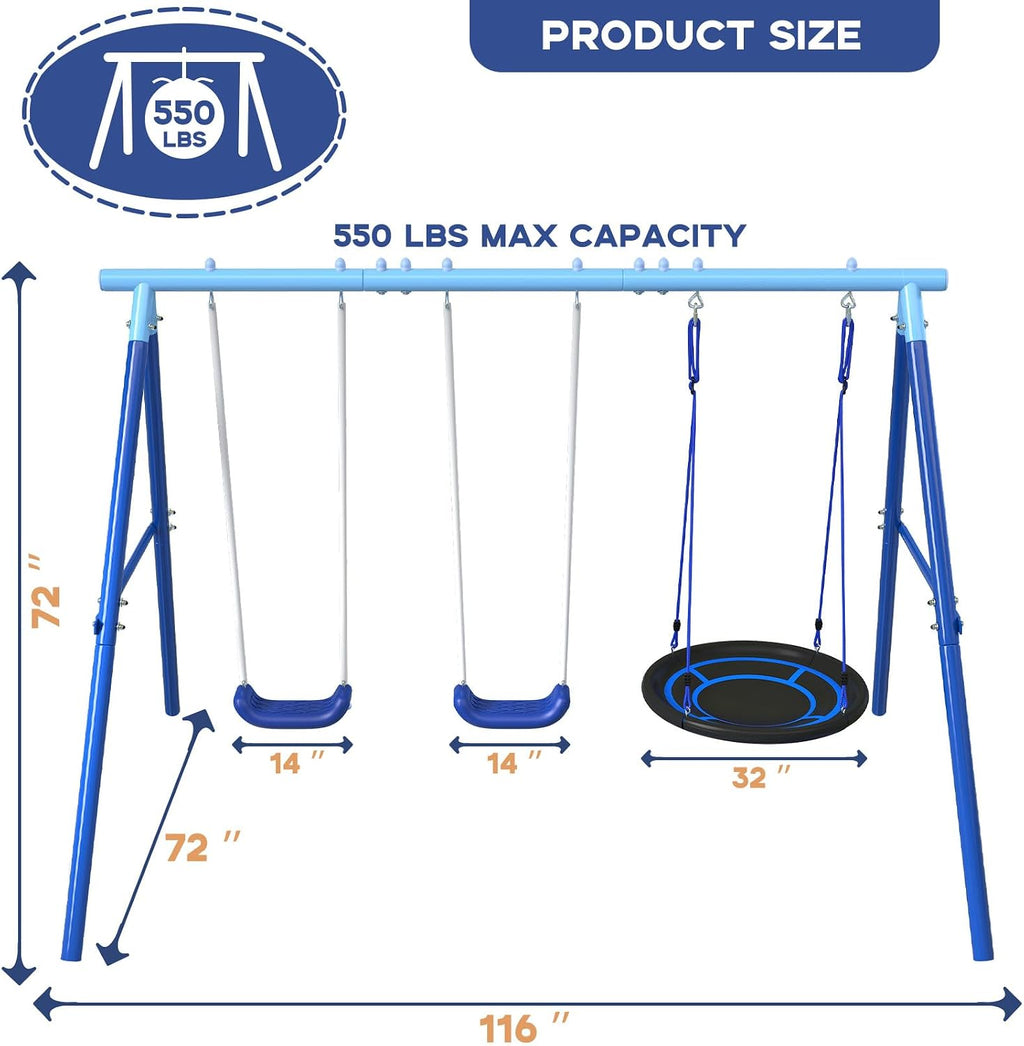 3-in-1 Swing Set for Backyard for Kids 3-8, 550lbs, Heavy Duty Metal A-Frame for Outdoor Playset, Two Blow-Molded Swing Seats and One 32-inch Saucer Swing for Kids Playground