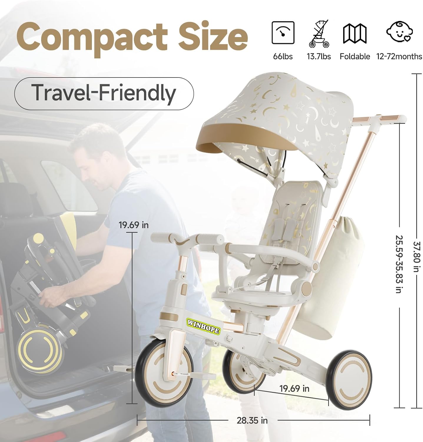 WinHope 9-in-1 Push Tricycle for Toddlers 1-3 Years | Convertible Kids Trike with Adjustable Parent Handle & Safety Harness, Lightweight Foldable Design + Storage Basket for Boys & Girls (White)