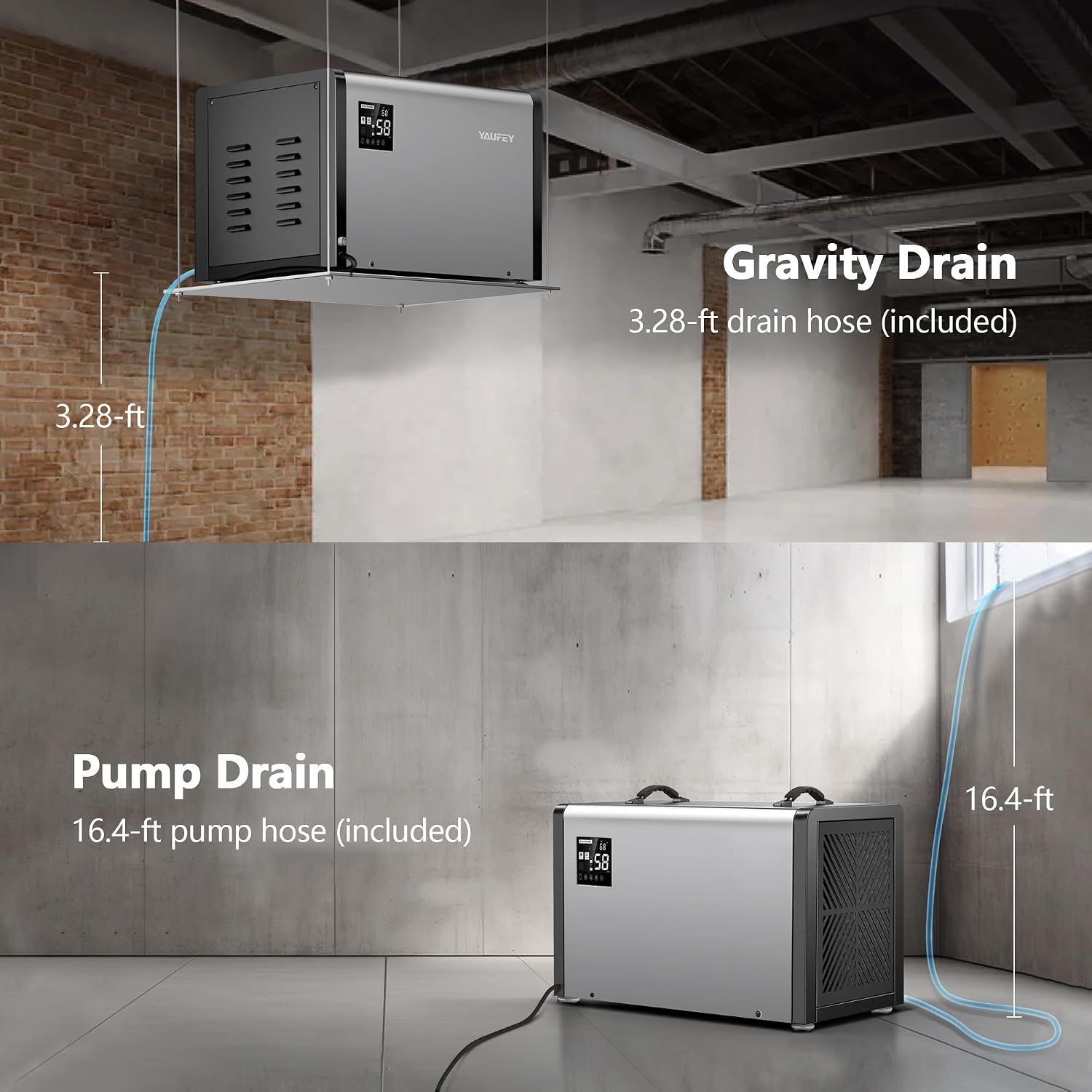 Yaufey 158 Pints Commercial Dehumidifier with Pump for 7500 Sq.Ft. Crawl Space, Basement, Industrial Area, 10-90% RH Humidity Control, 24/7 Running Continuous Drainage, TUV Certified, 5-Yr Coverage