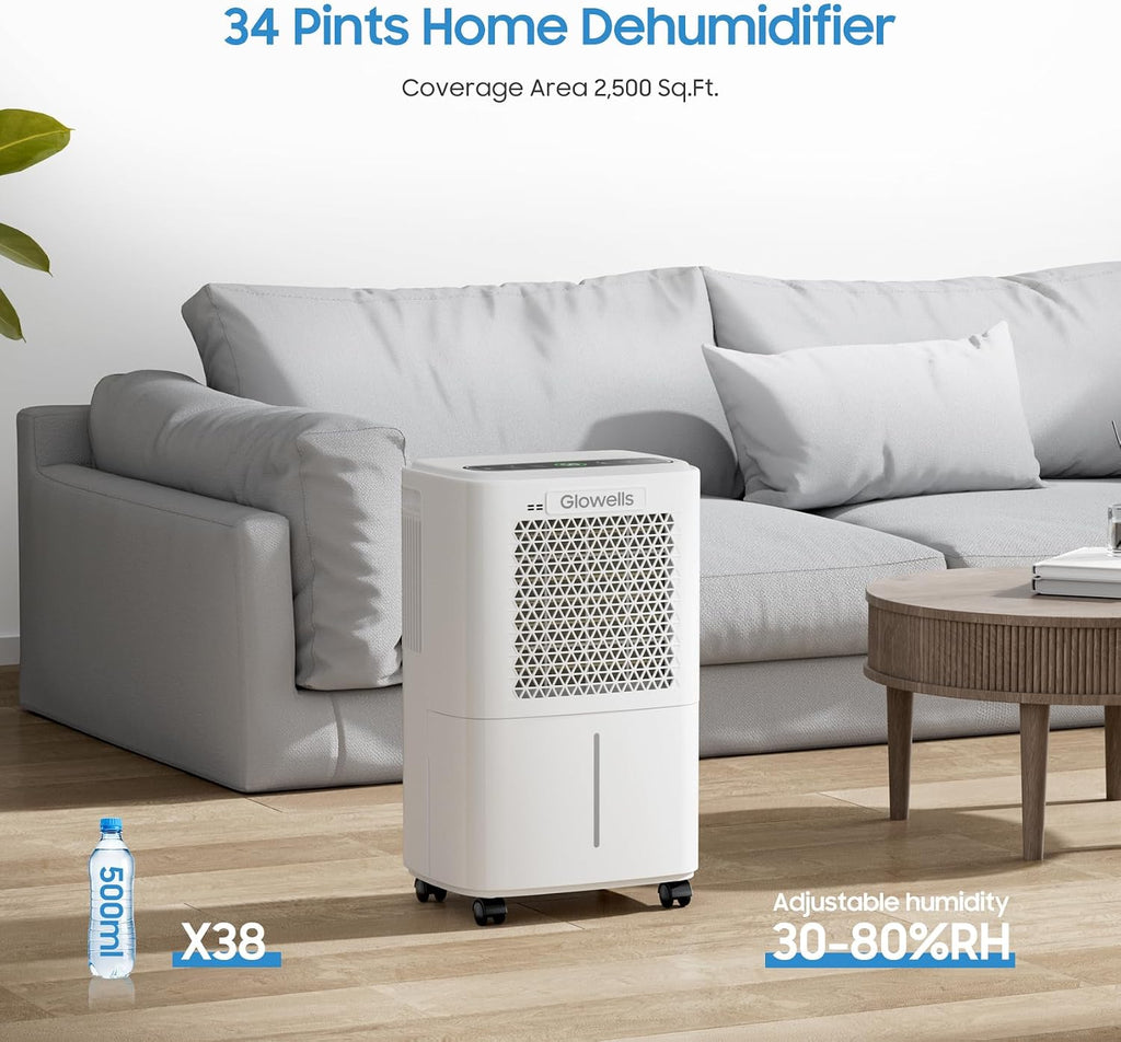 2500 Sq.Ft Dehumidifier for Basement with Drain Hose, Glowells 34 Pints Dehumidifiers for Home, Bathroom, Bedroom Large Room, RV, Three Modes, Quiet with Smart Compressor, Dry Clothes, 24H Timer