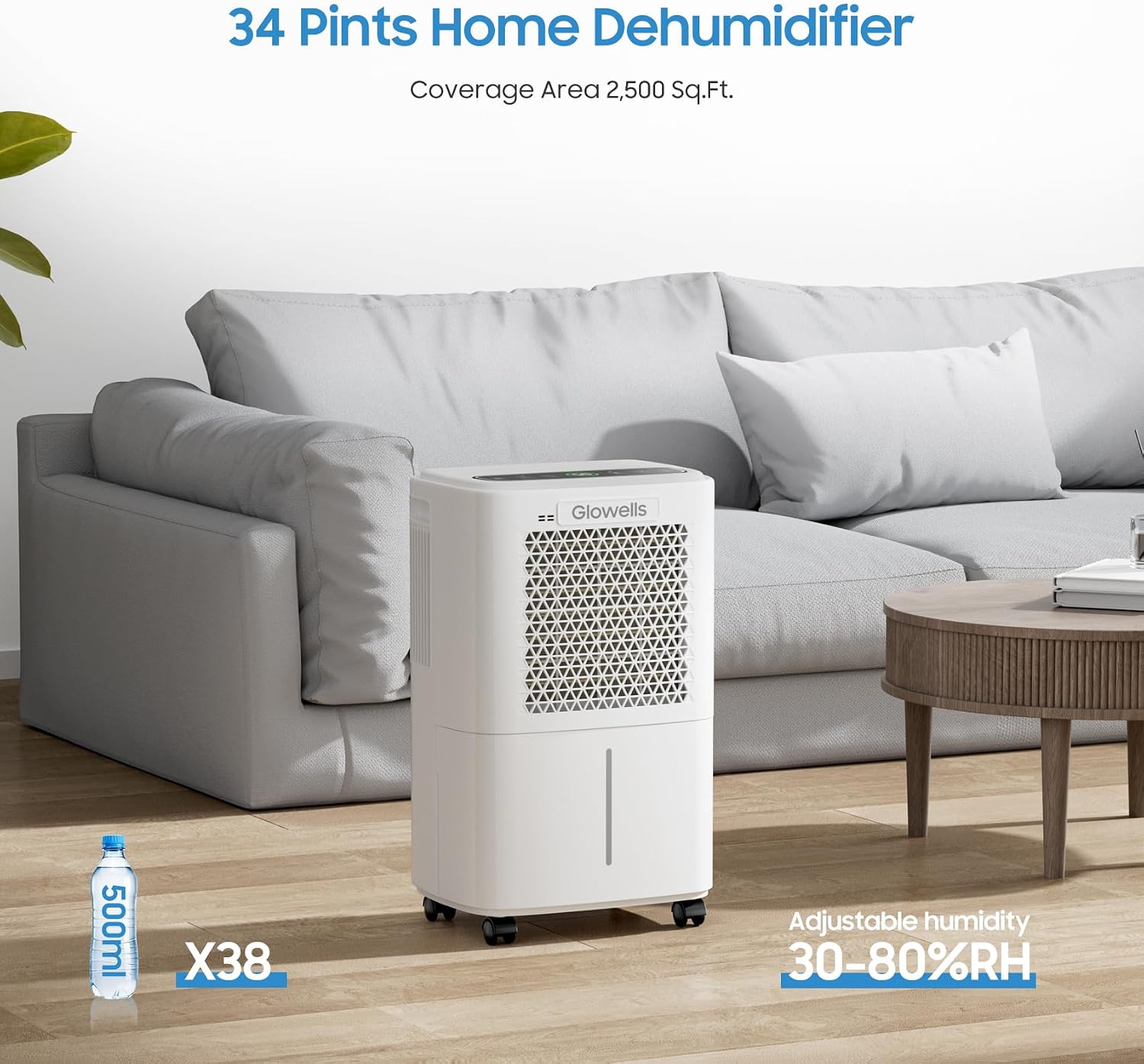 2500 Sq.Ft Dehumidifier for Basement with Drain Hose, Glowells 34 Pints Dehumidifiers for Home, Bathroom, Bedroom Large Room, RV, Three Modes, Quiet with Smart Compressor, Dry Clothes, 24H Timer