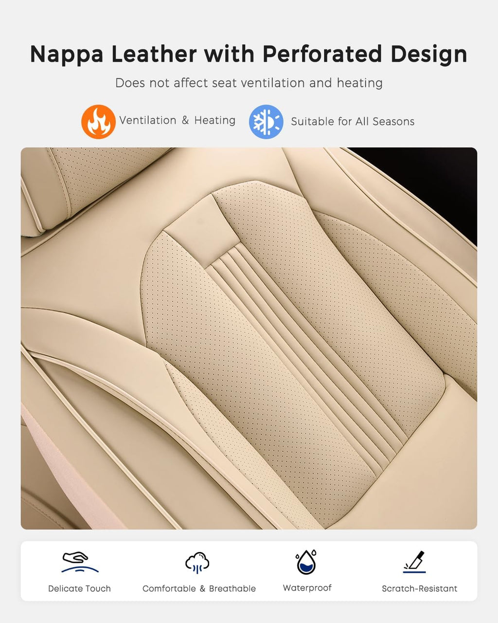 Huidasource Beige Front Seat Cover, Nappa Leather Front Car Seat Cover with Lumbar Support, Ventilation Holes, Elastic Fabric, Airbag, Full-Coverage Seat Covers, Fit for Most Cars SUV Trucks, Beige