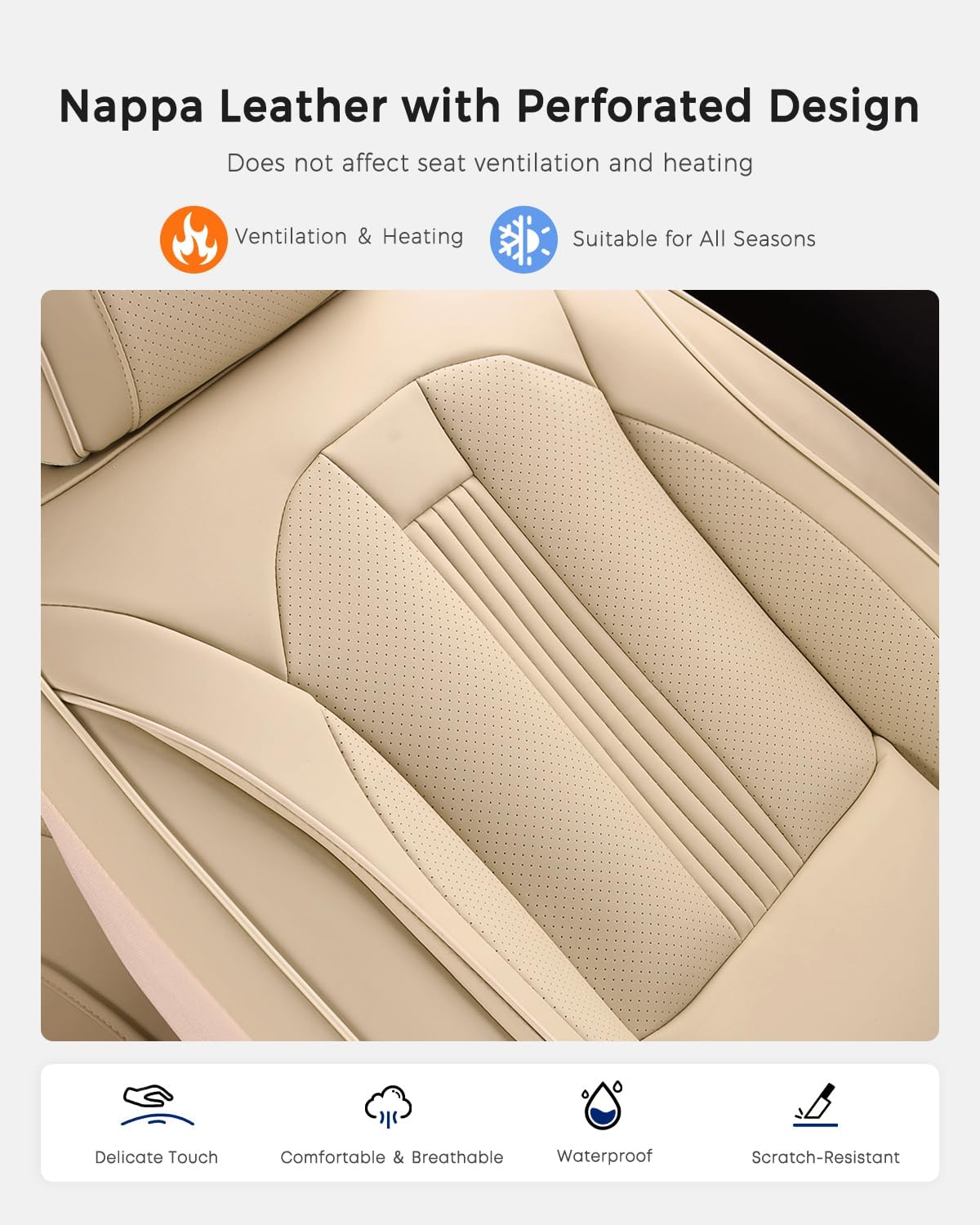 Huidasource Beige Front Seat Cover, Nappa Leather Front Car Seat Cover with Lumbar Support, Ventilation Holes, Elastic Fabric, Airbag, Full-Coverage Seat Covers, Fit for Most Cars SUV Trucks, Beige