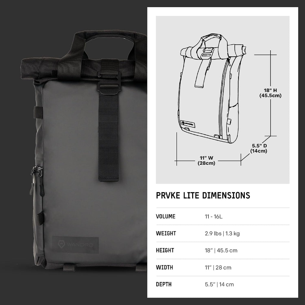 WANDRD PRVKE Lite: Weather-Resistant Travel & Camera Backpack with Laptop Sleeve, Quick Side Access, Clamshell Opening – Ideal Photography & Travel Bag (Black)