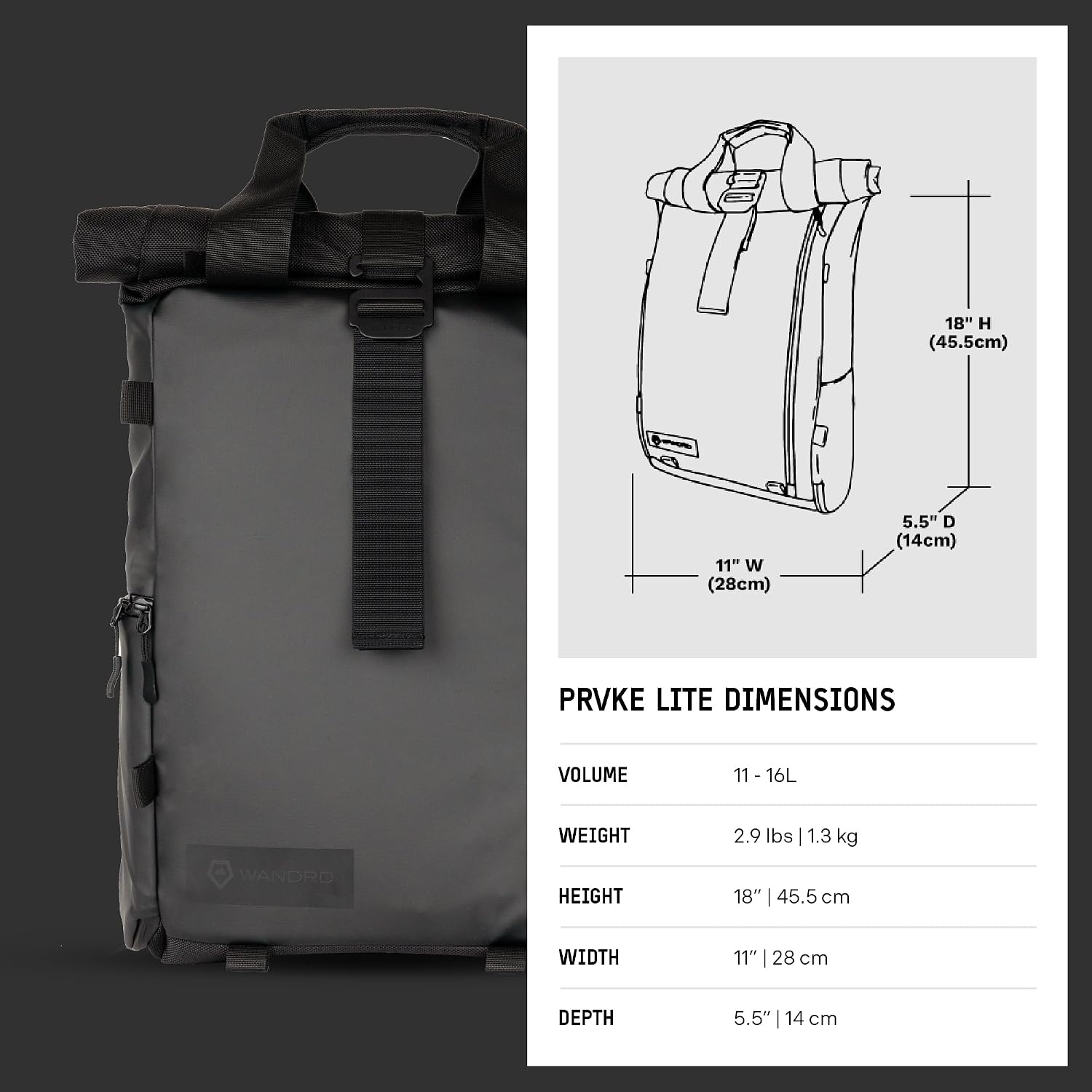 WANDRD PRVKE Lite: Weather-Resistant Travel & Camera Backpack with Laptop Sleeve, Quick Side Access, Clamshell Opening – Ideal Photography & Travel Bag (Black)