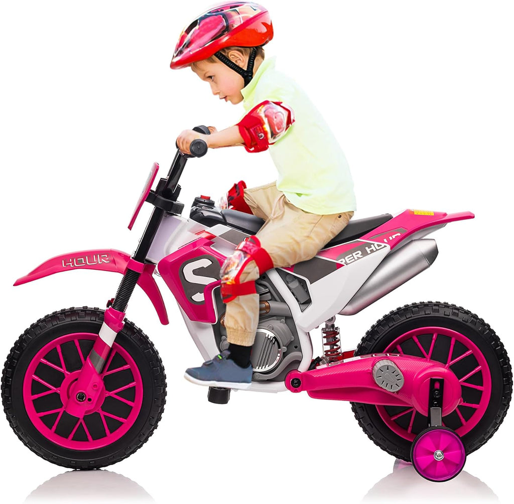 Toddler Motorcycle Kids Dirt Bike TOBBI 12 Volt Battery Powered Ride On Toys Electric Motorbike w/Training Wheels Gift for Boys Girls Ages 3-8 Years, Rose Pink