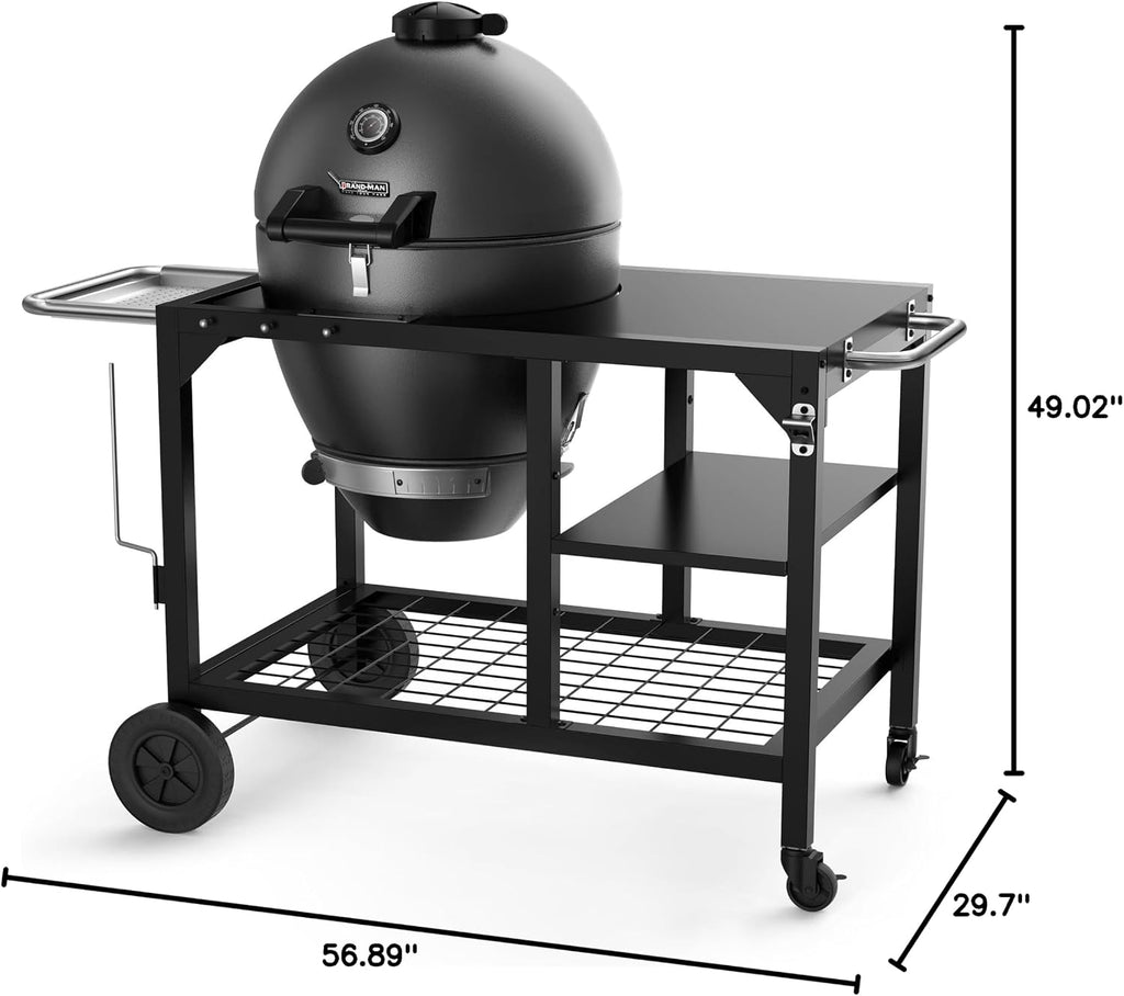 Brand-Man Charcoal Grill & Smoker Steel Kamado - 22' Cast Iron Grates, Grilling Basket, Large Prep Table Cart, Ideal for Outdoor Cooking