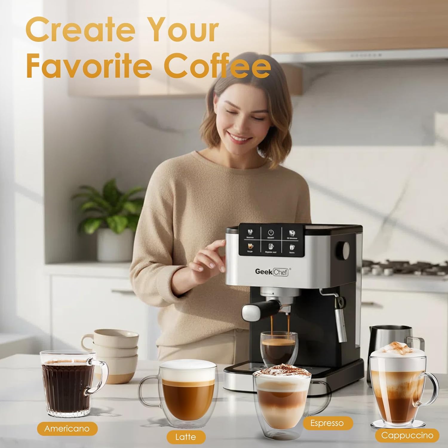 Geek Chef Espresso Machine with Milk Frother, 20 Bar Automatic Espresso Maker, Fast Heating Coffee Maker for Cappuccino, Latte & Iced Coffee, Easy to Use & Clean, for Home Barista