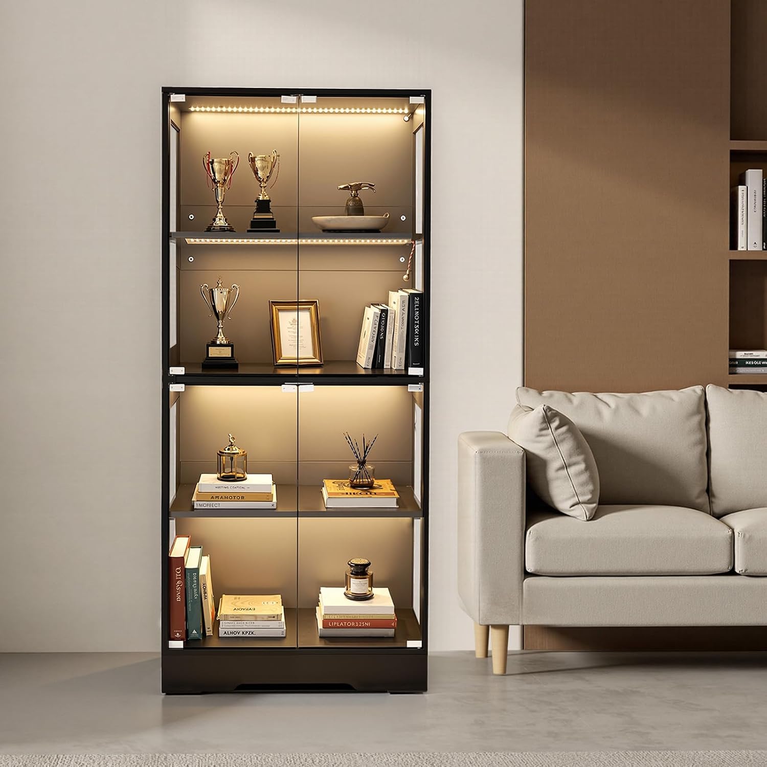 VEVOR Display Cabinet with Glass Doors, 65 in Tall Lighted Display Case with 3 Color Lights, 4-Tier Curio Collectibles Storage Cabinet, Bookshelf Bookcase for Pantry Bedroom Living Room Office