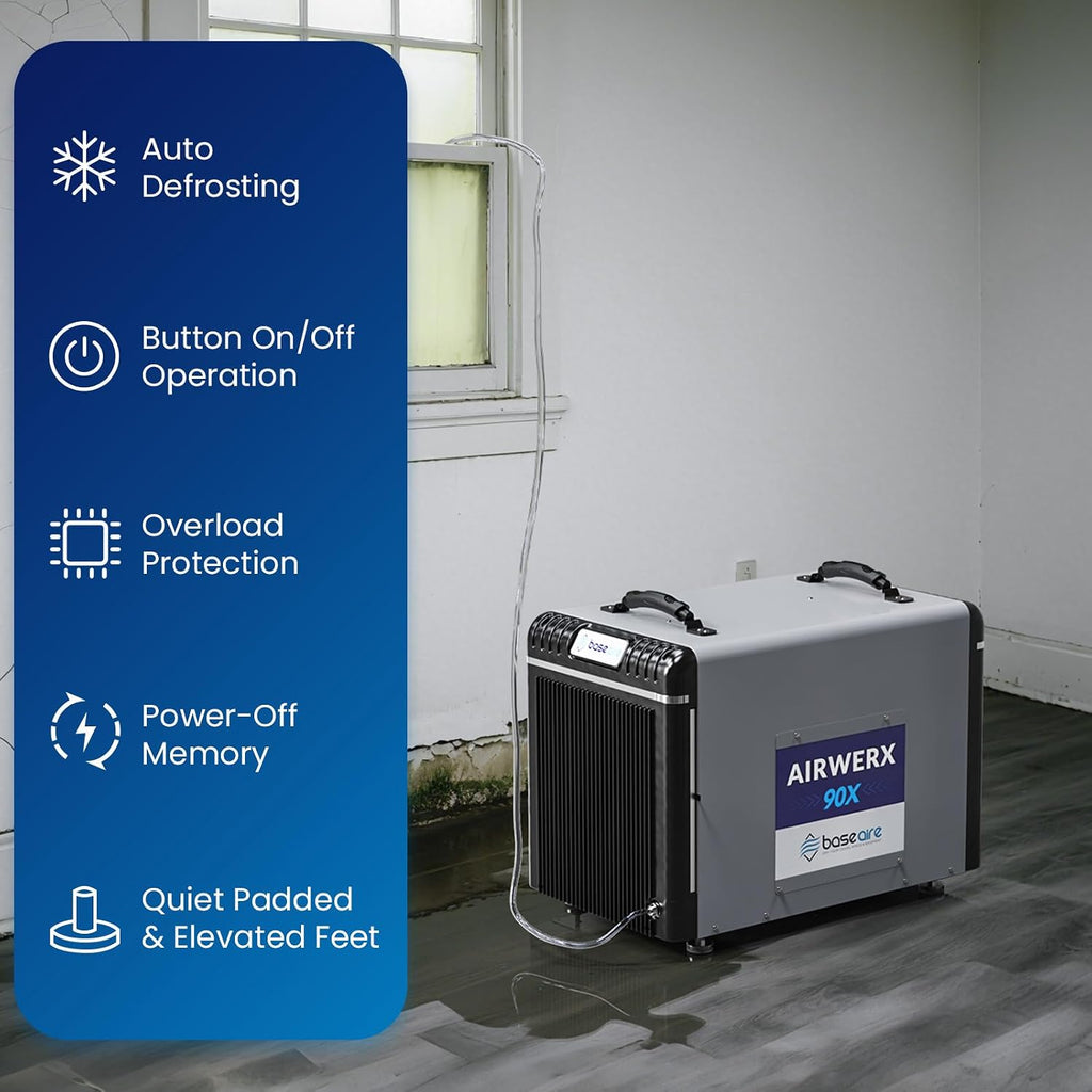 BaseAire 198Pints Dehumidifier with Pump for Crawl Space Basement, 198 Pints Commercial Dehumidifier, Intelligent Humidity Control, Auto Shut off Restart, AirWerx90X