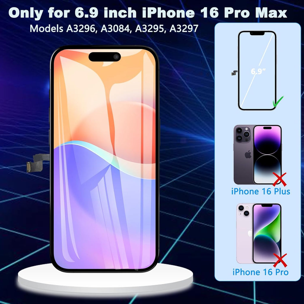 for iPhone 16 Pro Max Screen Replacement, 6.9 inch LCD Display 3D Touch Full HD Digitizer Frame Assembly, Compatible with A3296,A3084,A3295,A3297 Models, Repair Kit + Screen Tempered Protector