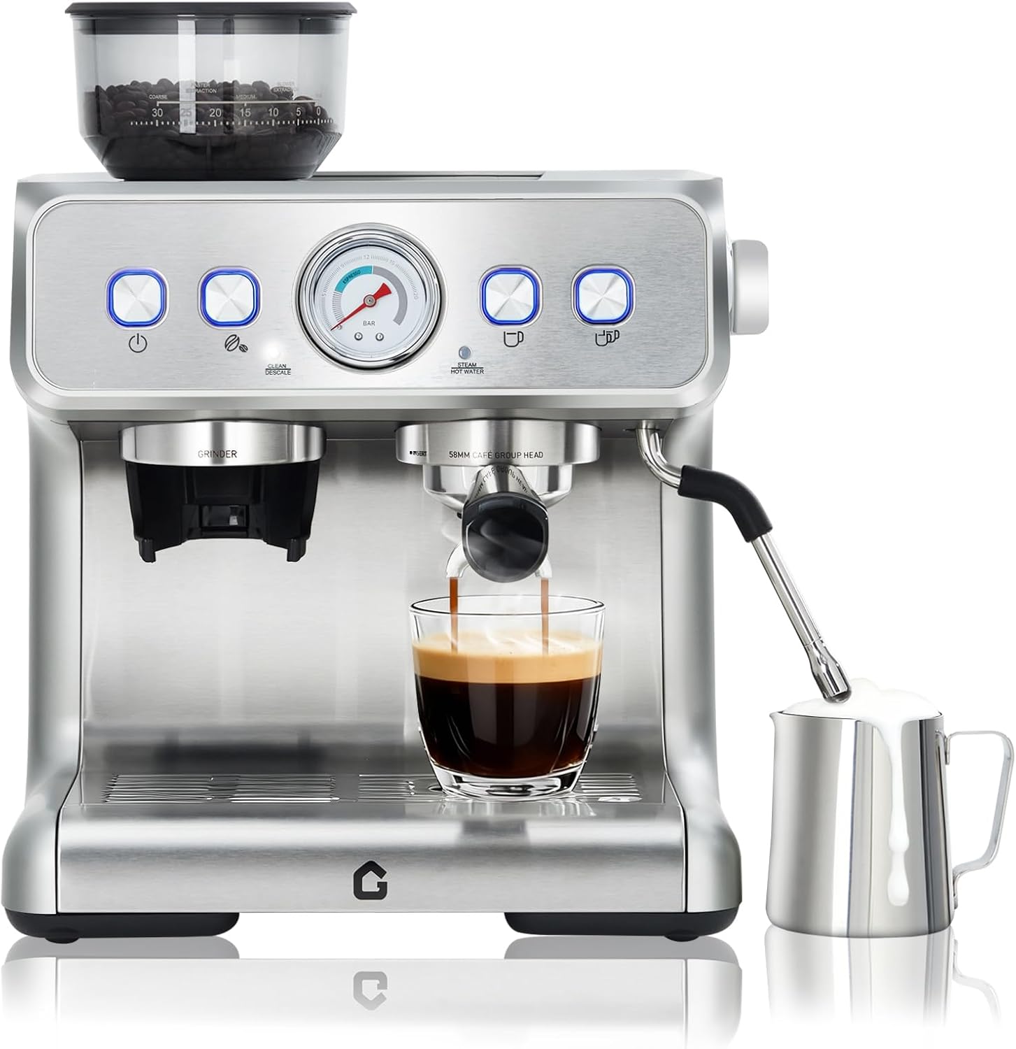 Garvee Stainless Steel Espresso Machine with Grinder & 20 Bar Pressure, 2.8L Removable Water Tank, Milk Frother Steam Wand for Latte/Cappuccino - Adjustable Shot Volume, Professional Home/Office Use
